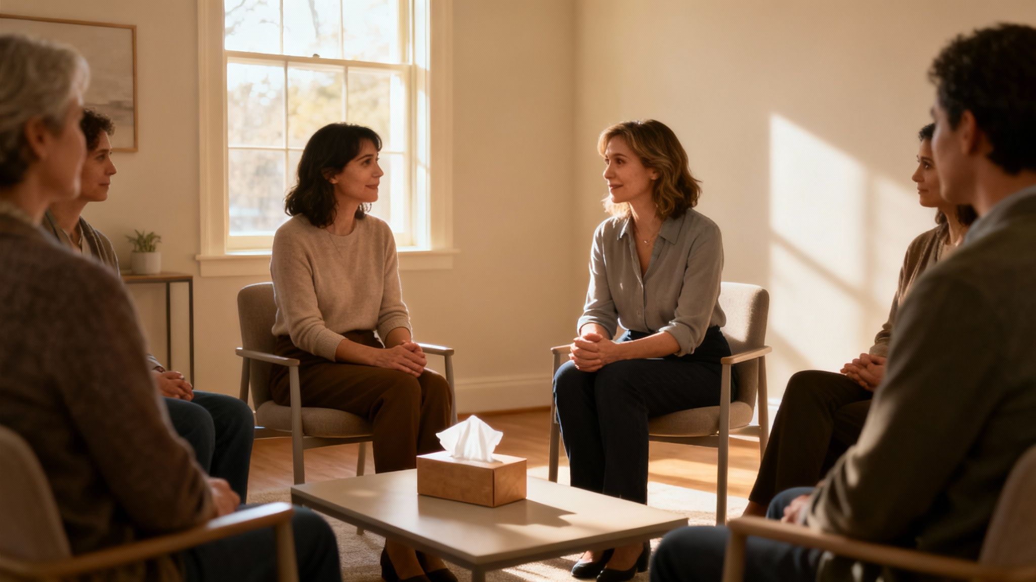 A compassionate support group session, with women sharing and listening in a safe, comforting environment.