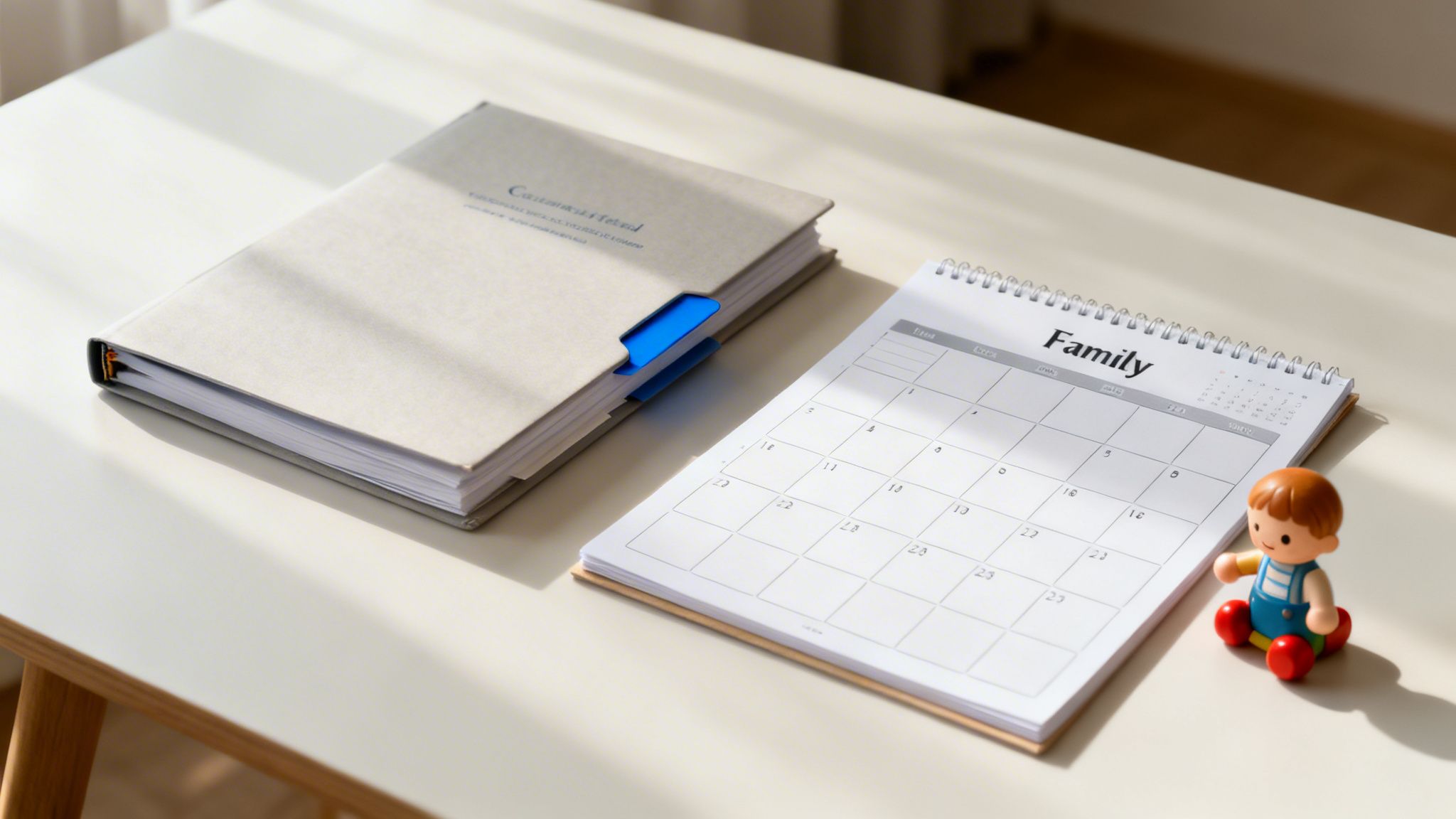 A 'Family' calendar, a folder with a blue tab, and a child's toy on a sunlit white desk.