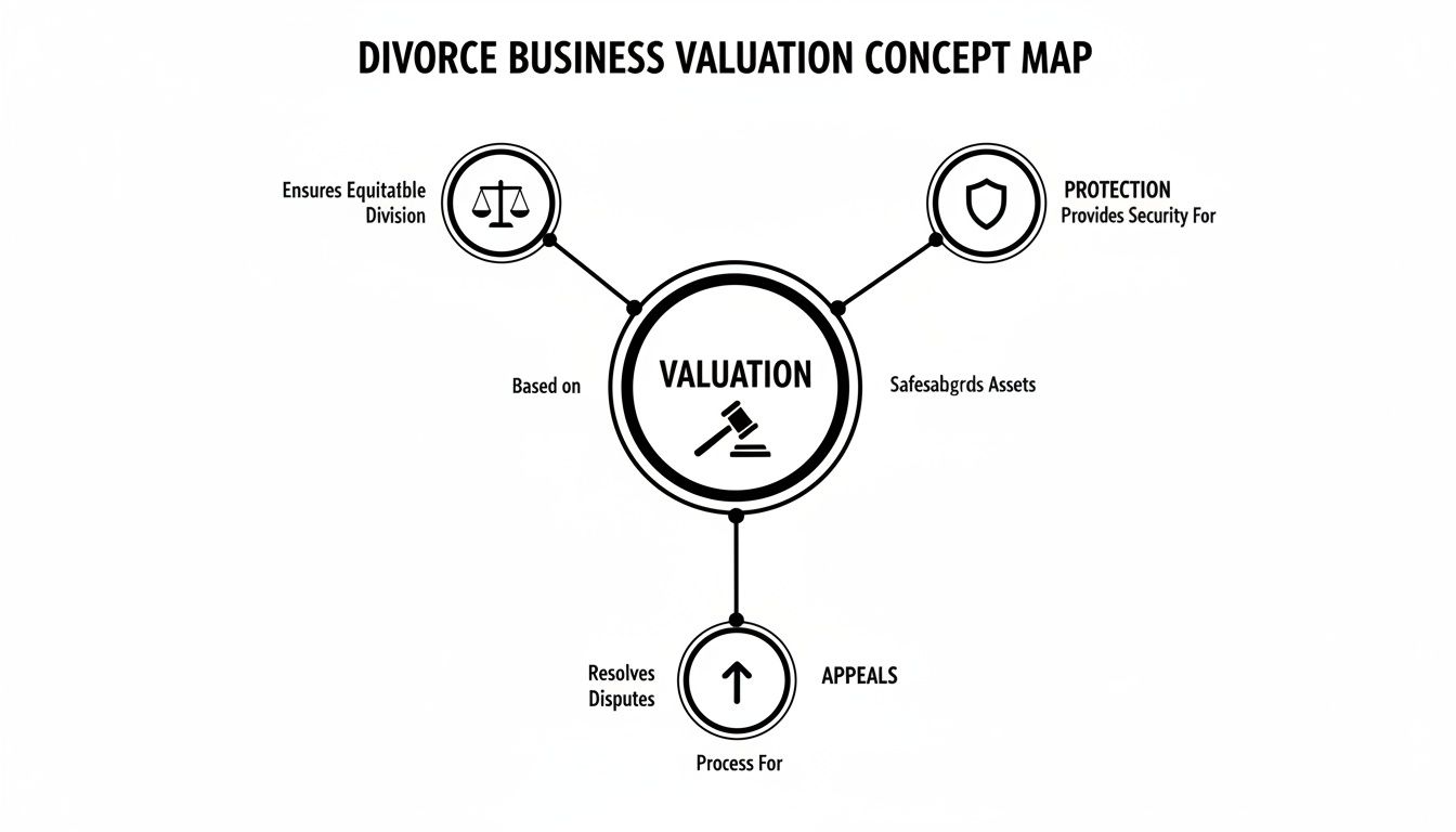 A concept map illustrating divorce business valuation, focusing on equitable division, asset protection, and dispute resolution.