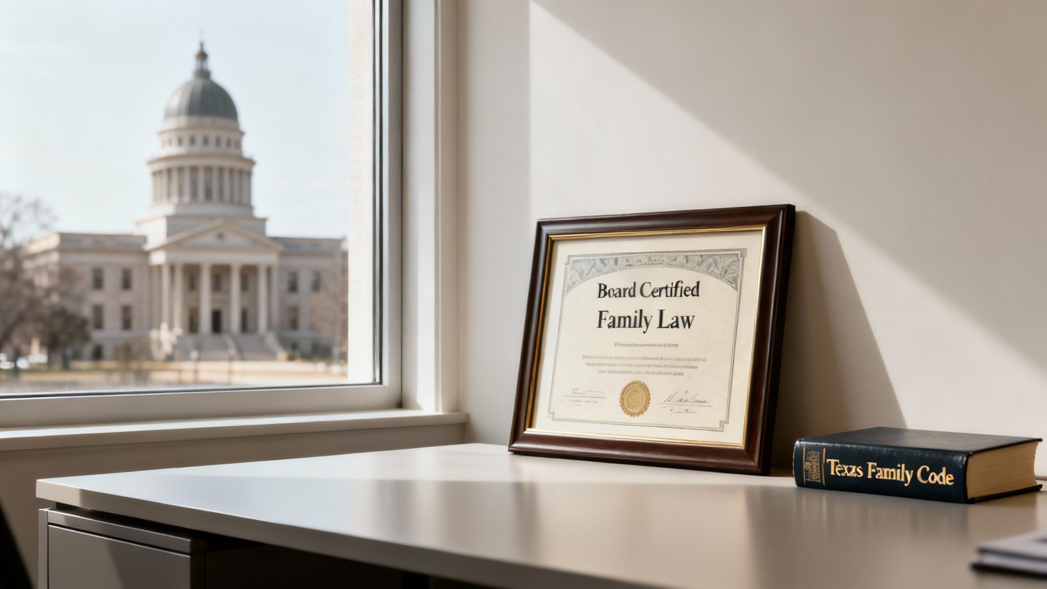 A desk with a framed 'Board Certified Family Law' certificate and 'Texas Family Code' book, overlooking a capitol building.