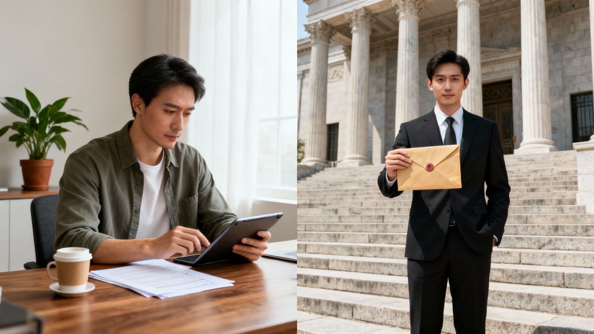 A split image showing a man working on a tablet and then holding an envelope in front of a grand building.