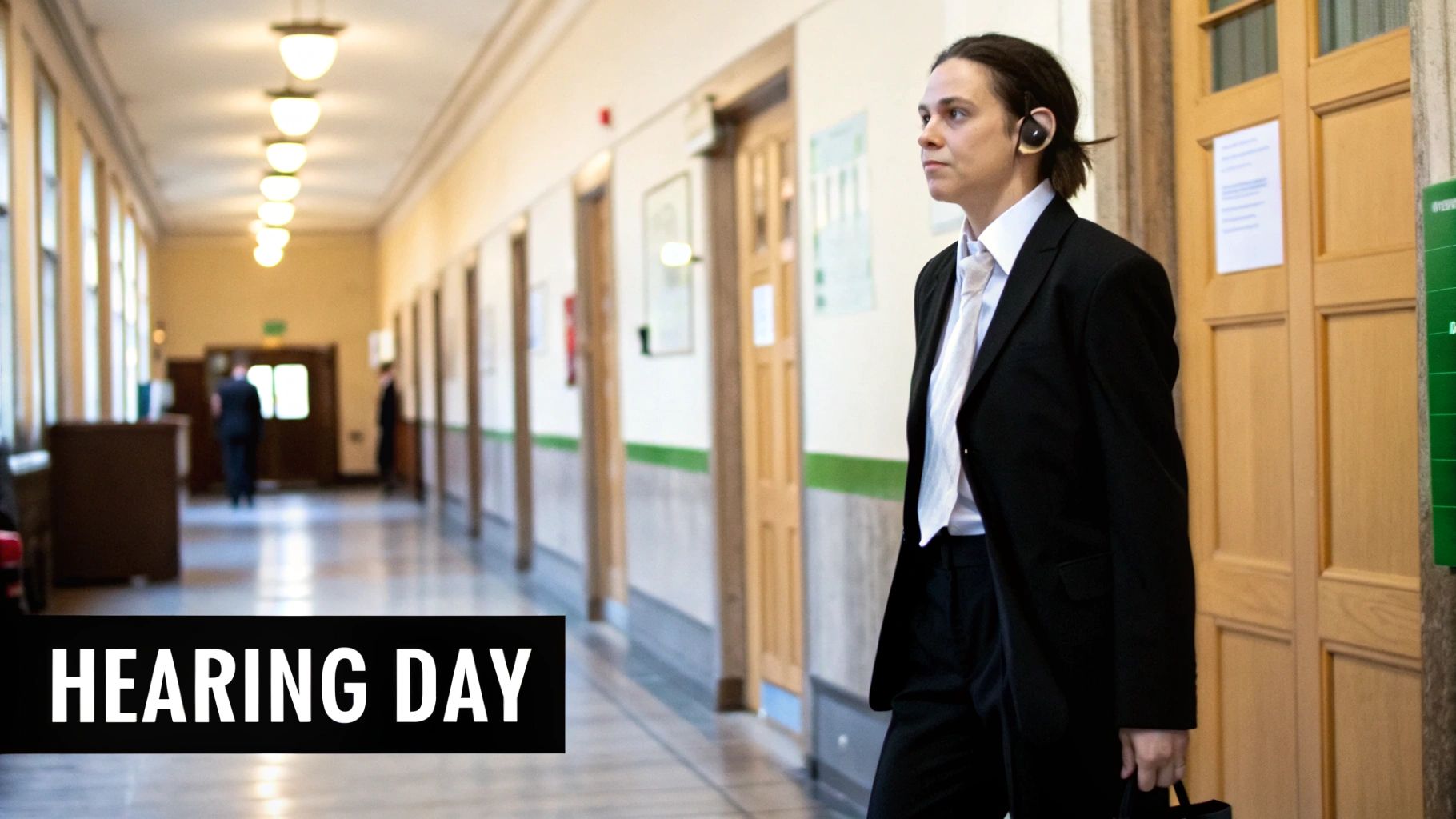 A parent and their attorney sit calmly at a table in a bright, modern courtroom, listening intently.