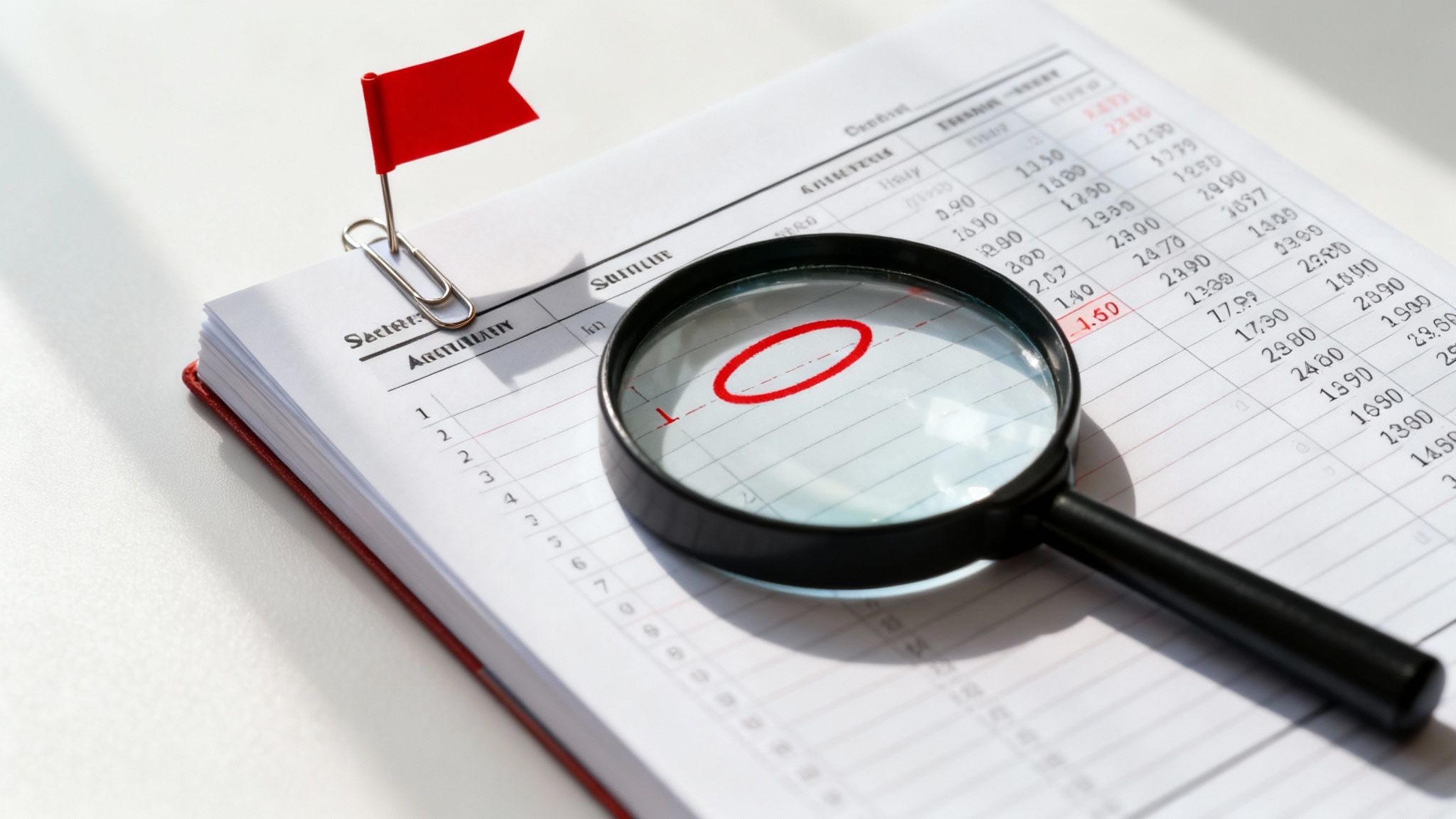 A magnifying glass highlights a red-circled number on a financial document, with a red flag marking the page.