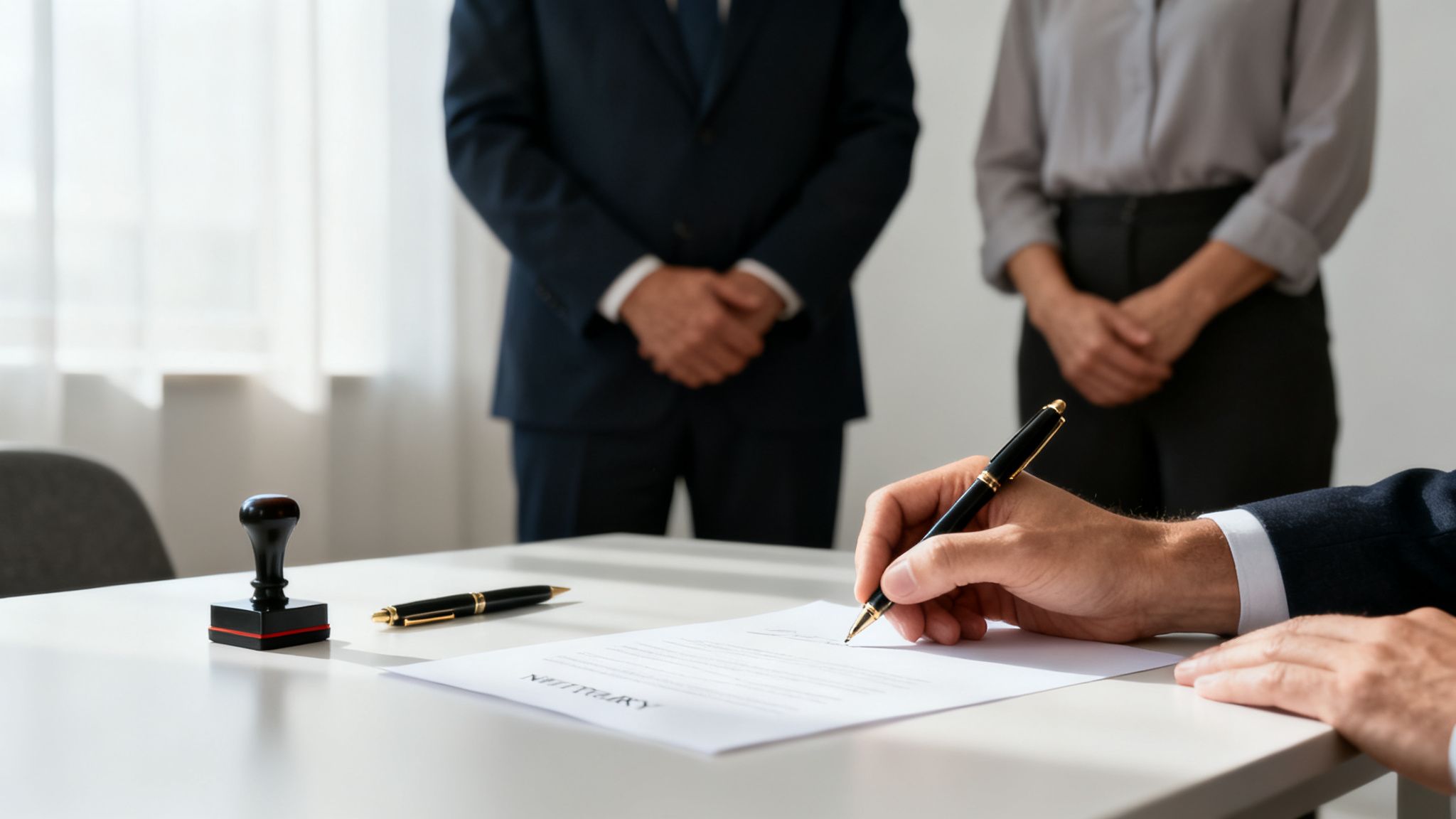 A person's hand signing a document on a table, with a notary stamp and two individuals standing in the background.
