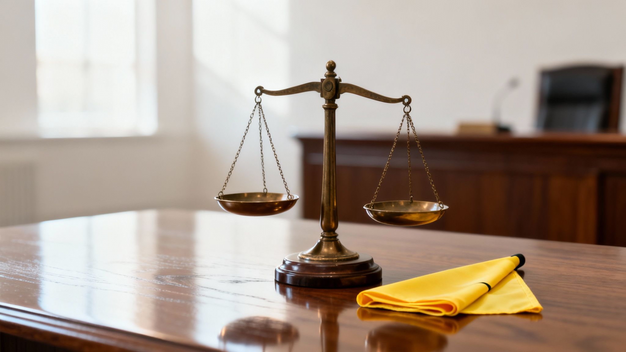 A brass scale of justice sits on a polished wooden table in a courtroom setting.