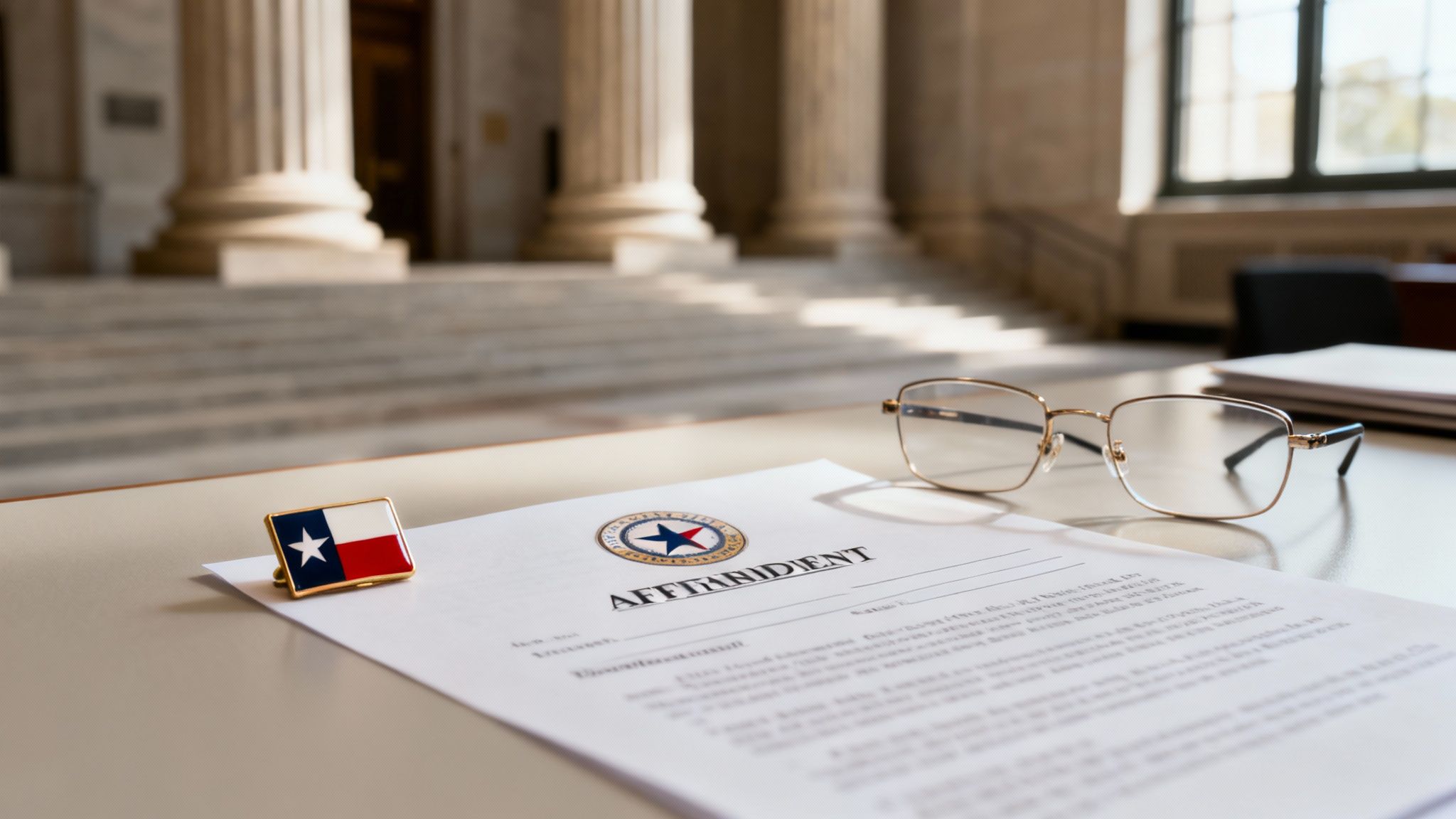 A Texas flag pin, glasses, and an affidavit document on a desk in a courthouse.