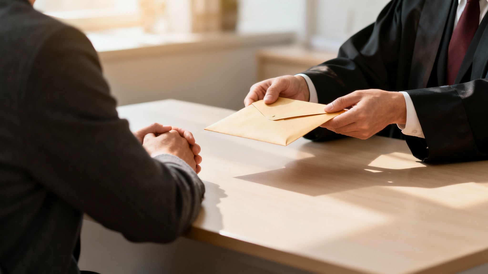 Judge handing an envelope to a client during a legal consultation, symbolizing the complexities of annulment proceedings in Texas.