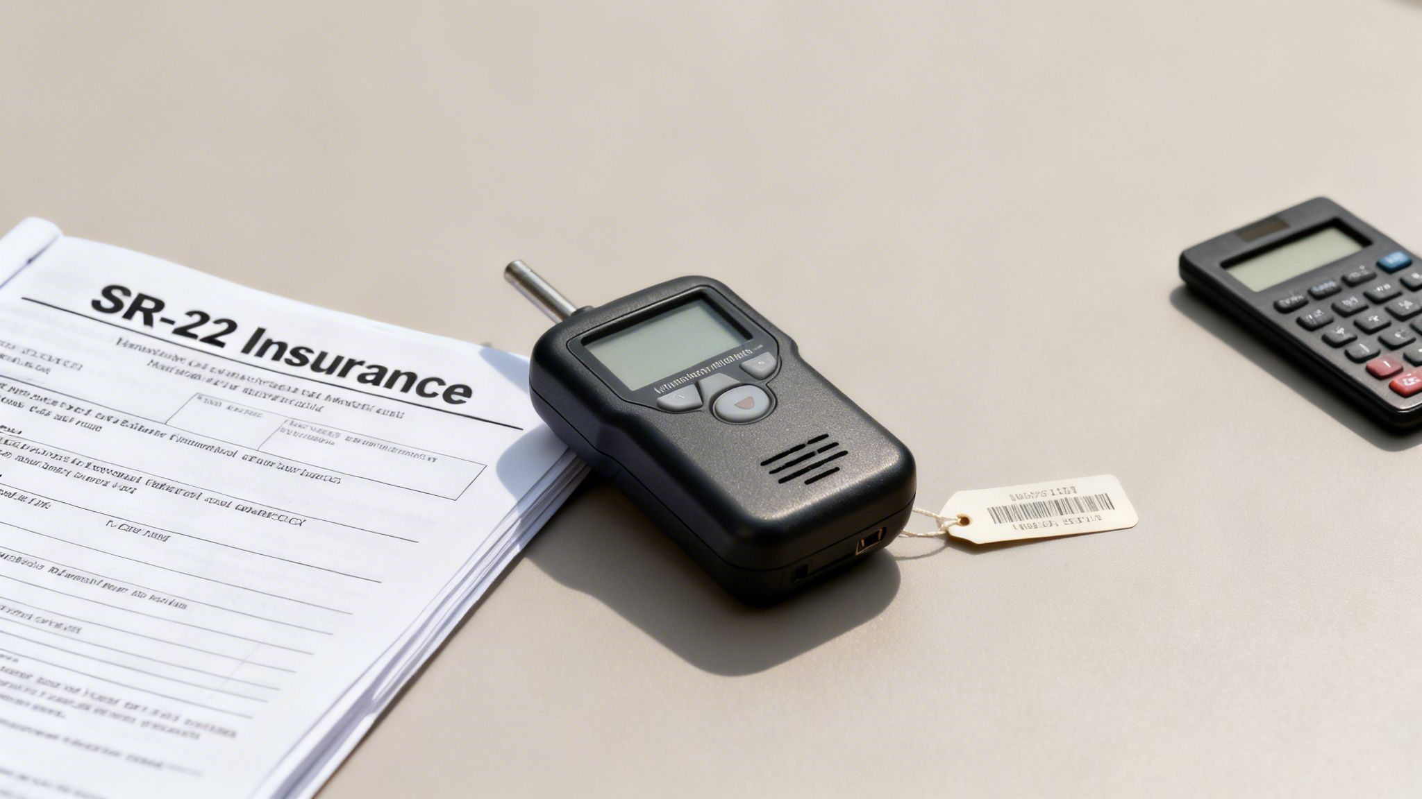 SR-22 Insurance document, a breathalyzer, and a calculator on a light desk.