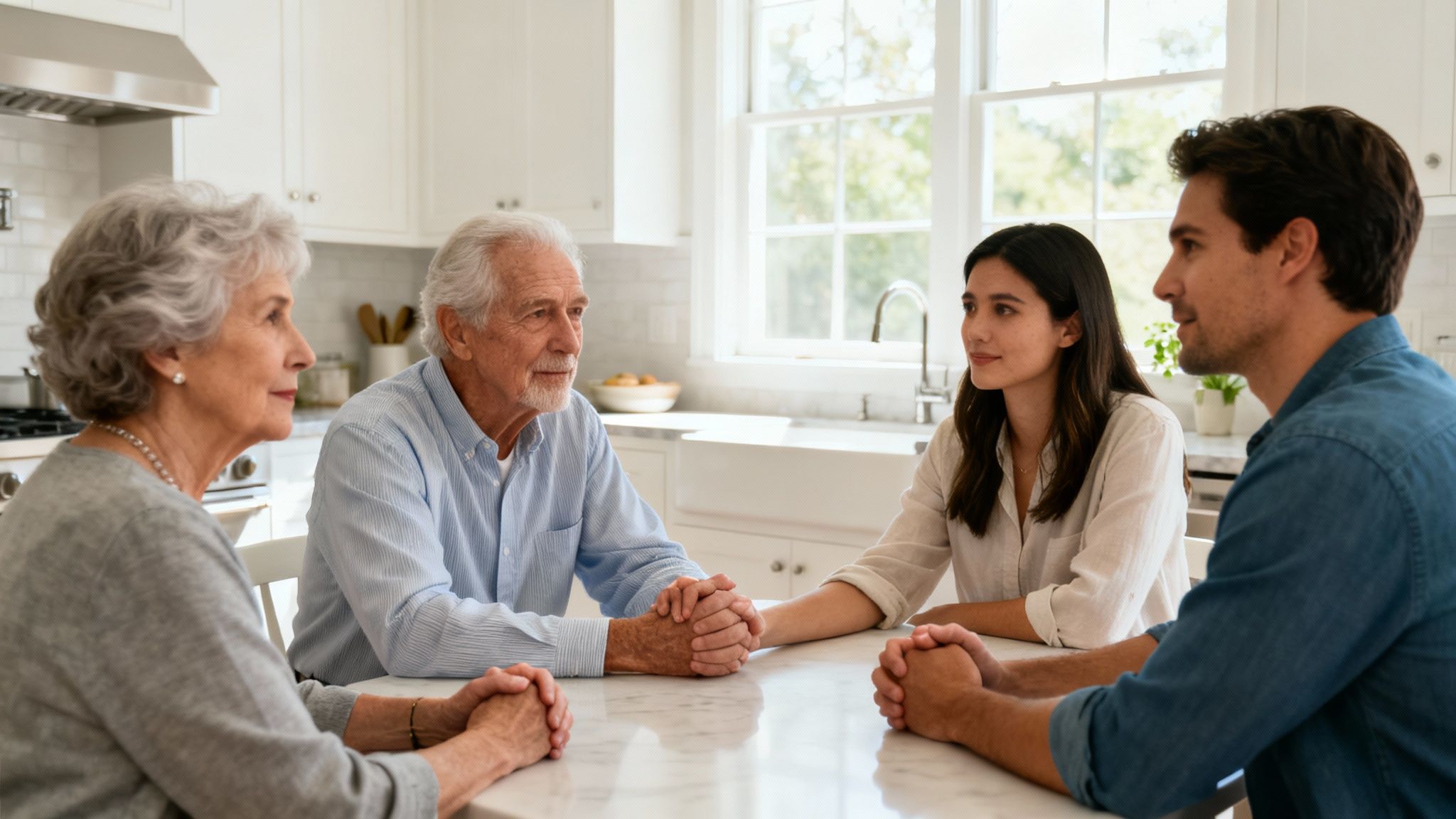 Family discussion about guardianship in a bright kitchen, featuring an elderly couple and two younger adults holding hands around a table, reflecting emotional support and decision-making.