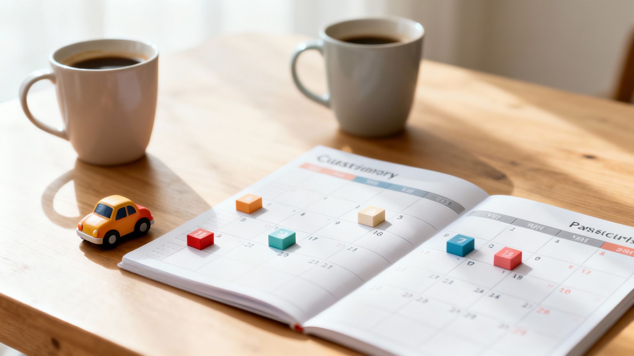 An open planner with colorful date blocks, a toy car, and coffee mugs on a wooden table.