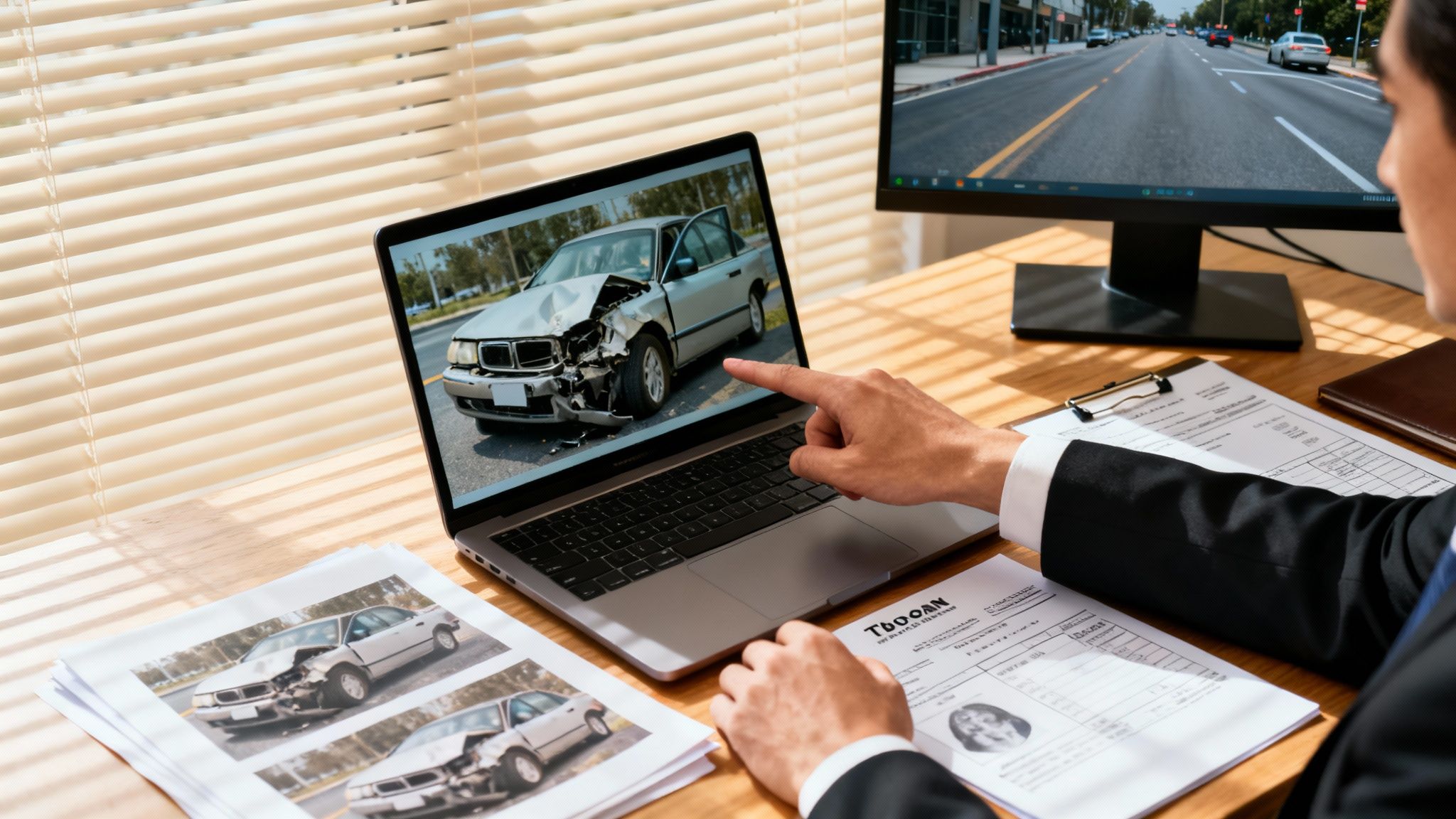 A person reviews car accident images on a laptop, alongside documents and a road scene on another monitor.