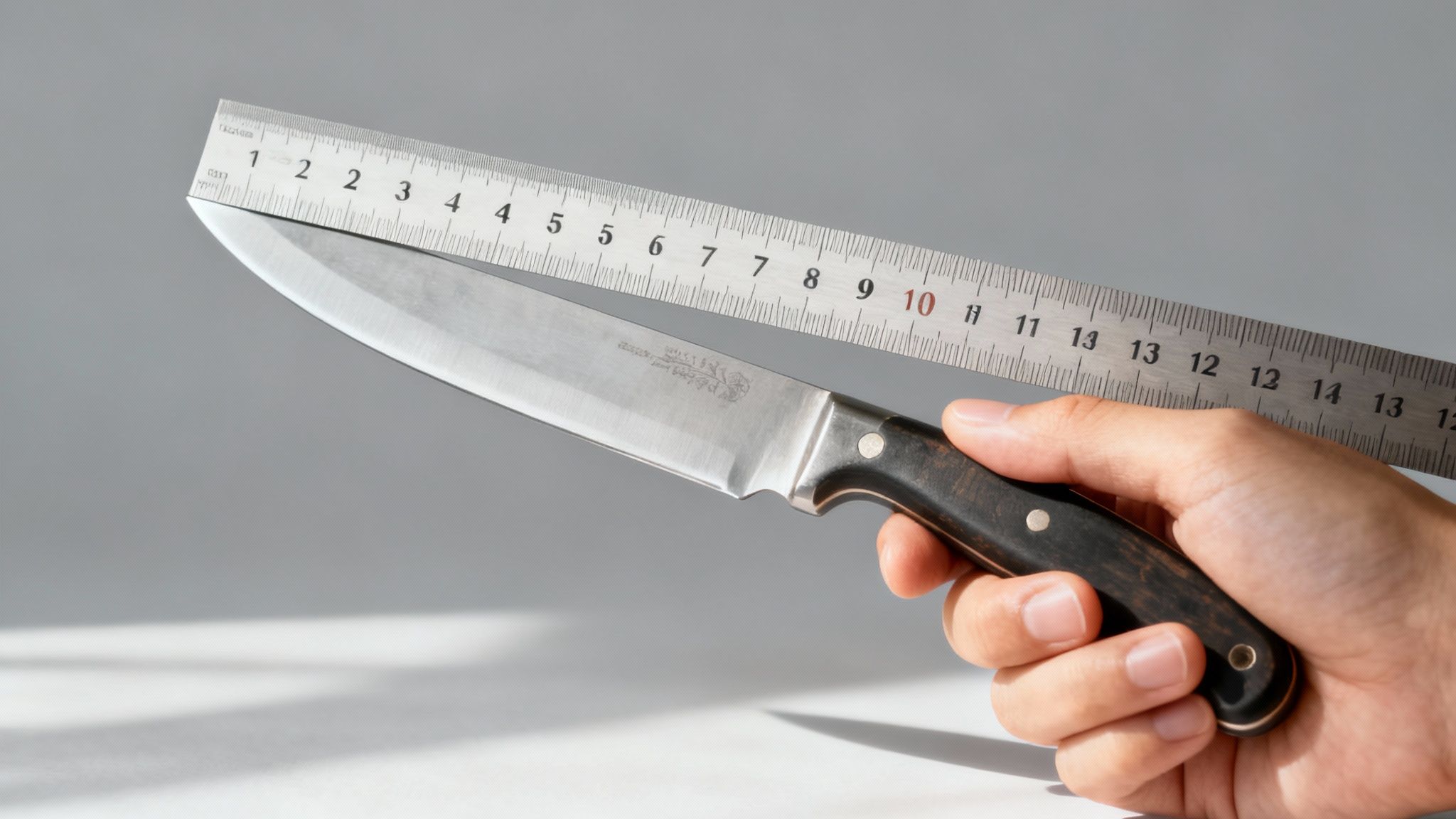 Knife being measured with a ruler, emphasizing the critical 5.5-inch length for Texas knife laws and legal compliance.