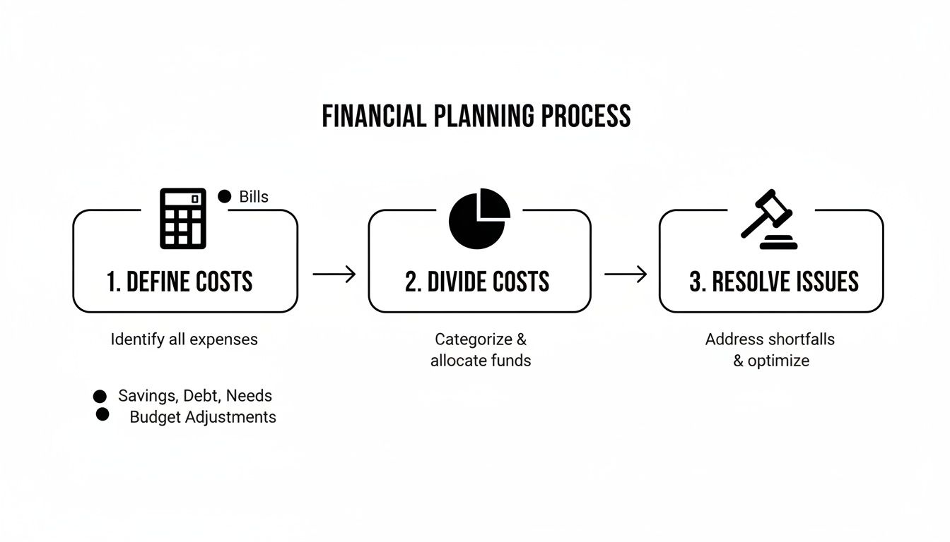 Financial planning process infographic outlining steps: define costs, divide costs, and resolve issues, with icons for bills, pie chart, and gavel.