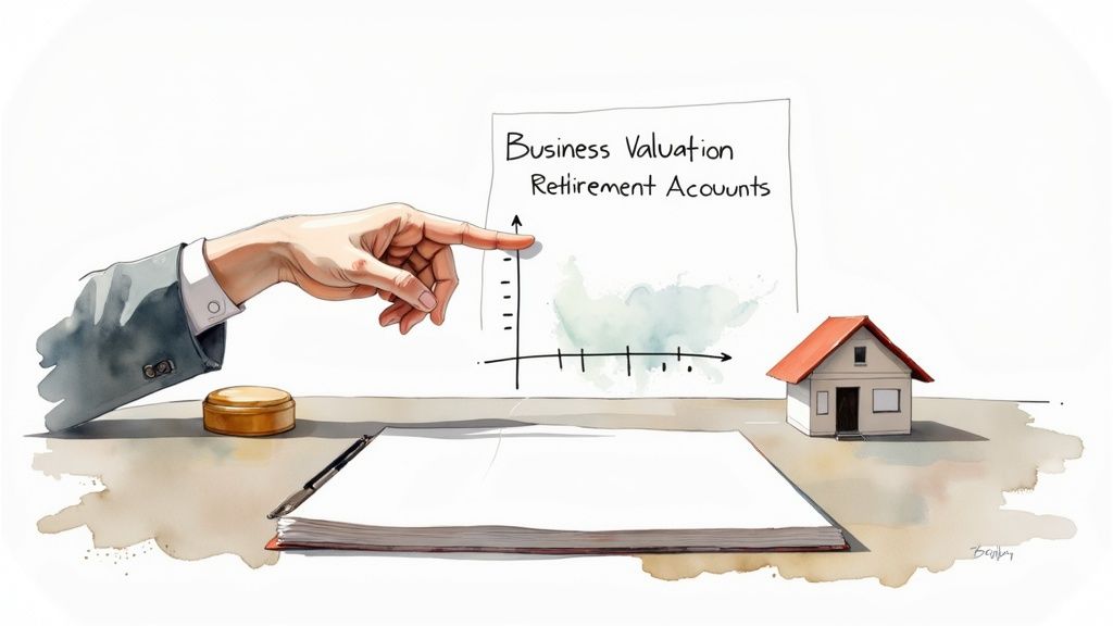 Hand pointing at chart labeled "Business Valuation" and "Retirement Accounts," with a small house model and legal gavel on a table, symbolizing asset protection and financial planning during divorce.