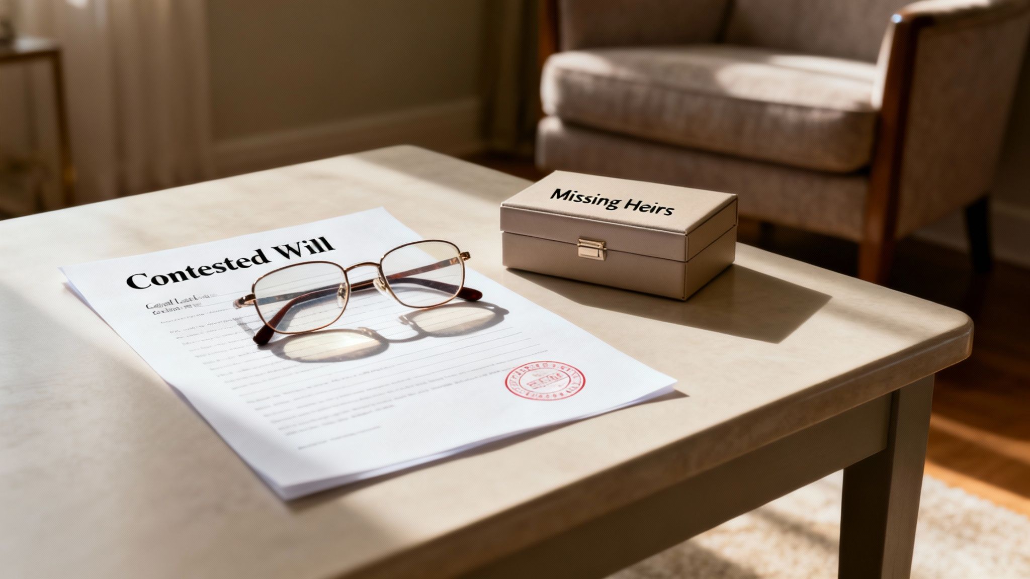 Contested will document with eyeglasses and box labeled "Missing Heirs," symbolizing probate challenges and family disputes in estate management.