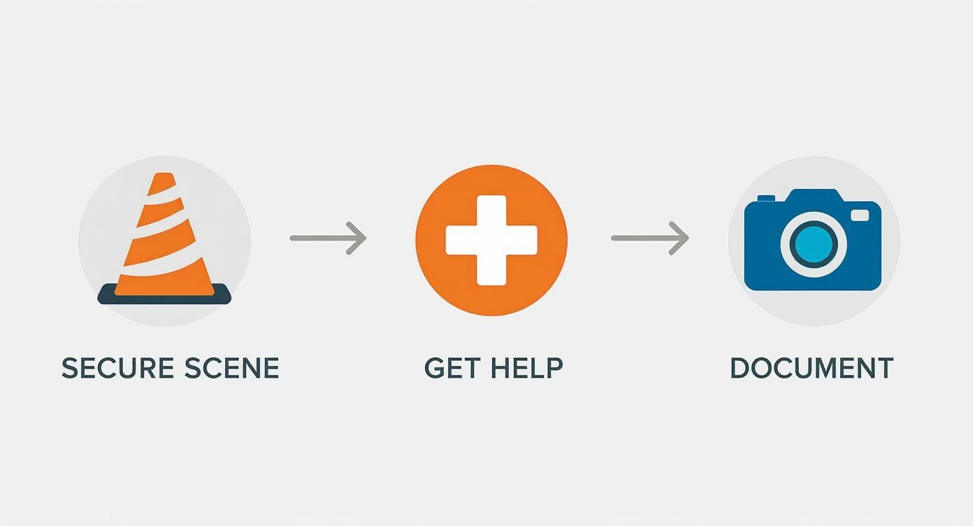 Three-step emergency response process showing secure scene with traffic cone, get medical help, and document with camera