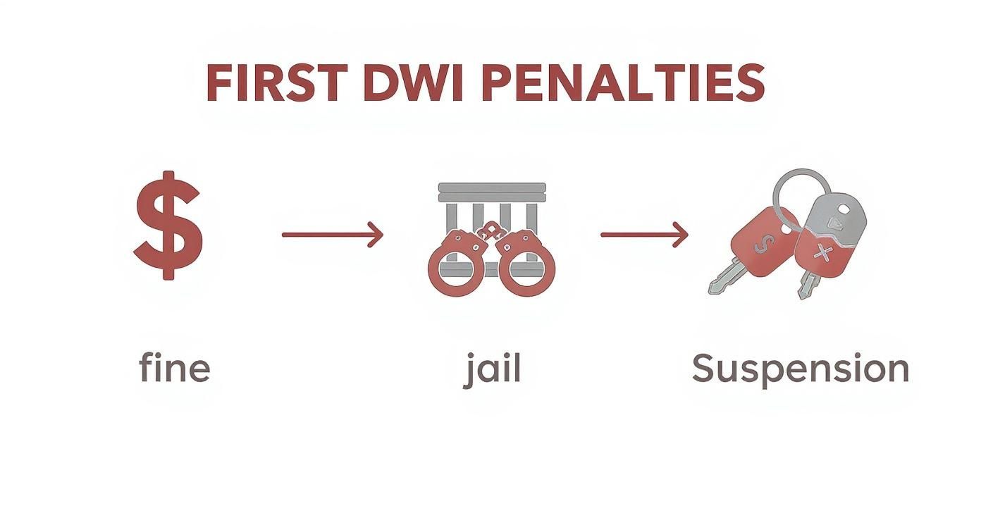 First DWI penalties infographic depicting a dollar sign for fines, handcuffs for jail time, and car keys for suspension.