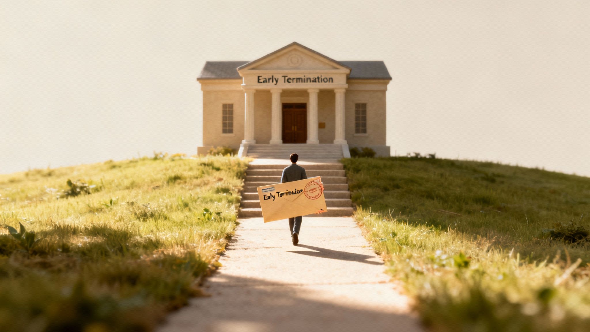 A person carrying an 'Early Termination' envelope walks towards a building labeled 'Early Termination'.