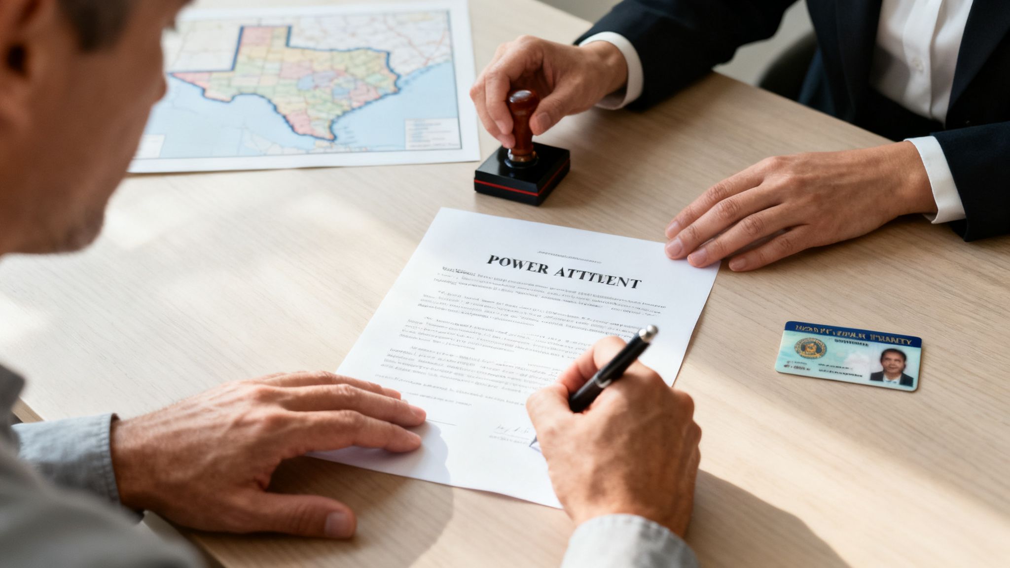 Hombre firma un poder notarial en una mesa, con un notario sellando un papel y una identificación.