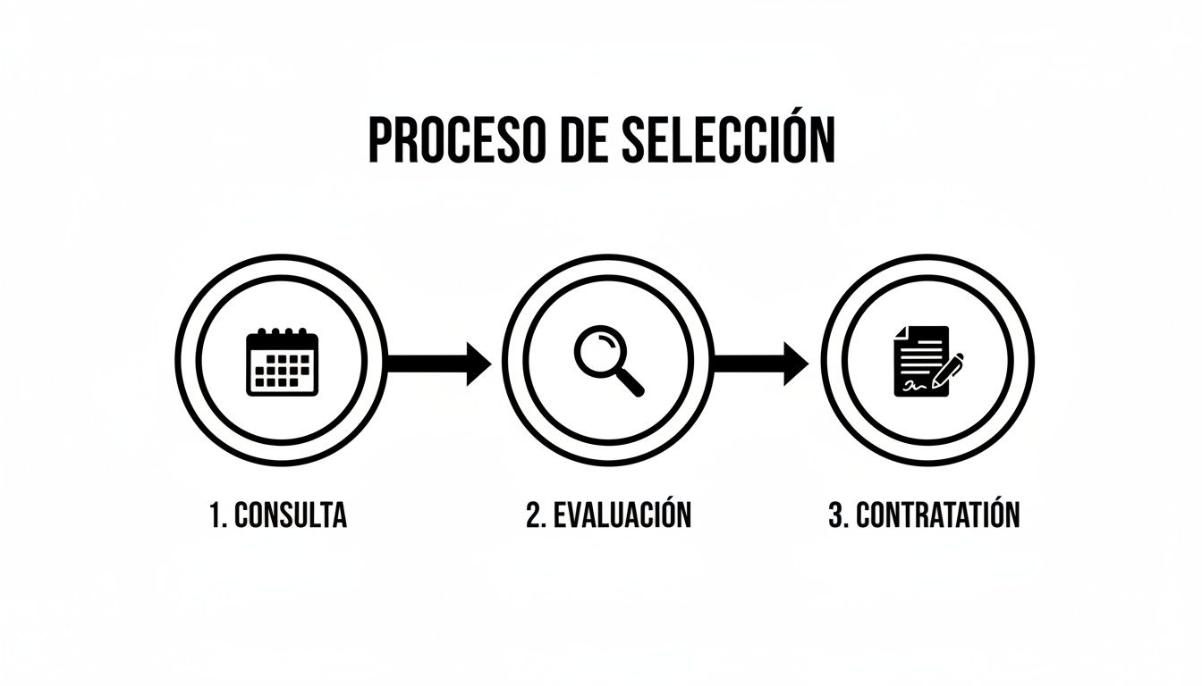 Diagrama de flujo del proceso de selección de personal con consulta, evaluación y contratación.
