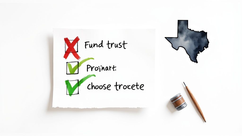 Checklist with "Fund trust" crossed out, and "Projinart" and "choose trocete" checked, alongside a Texas state silhouette, emphasizing estate planning and trust funding in Texas.