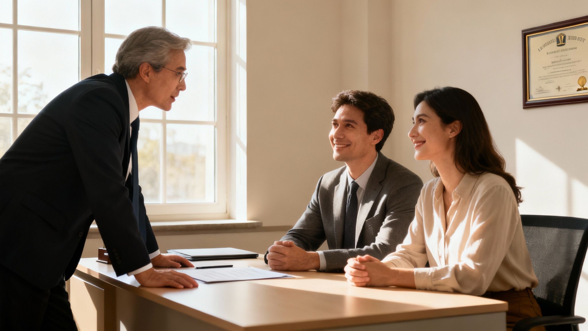 Attorney consulting with a couple in a legal office, discussing estate planning and conservatorship options, with legal documents on the table and a certificate on the wall.