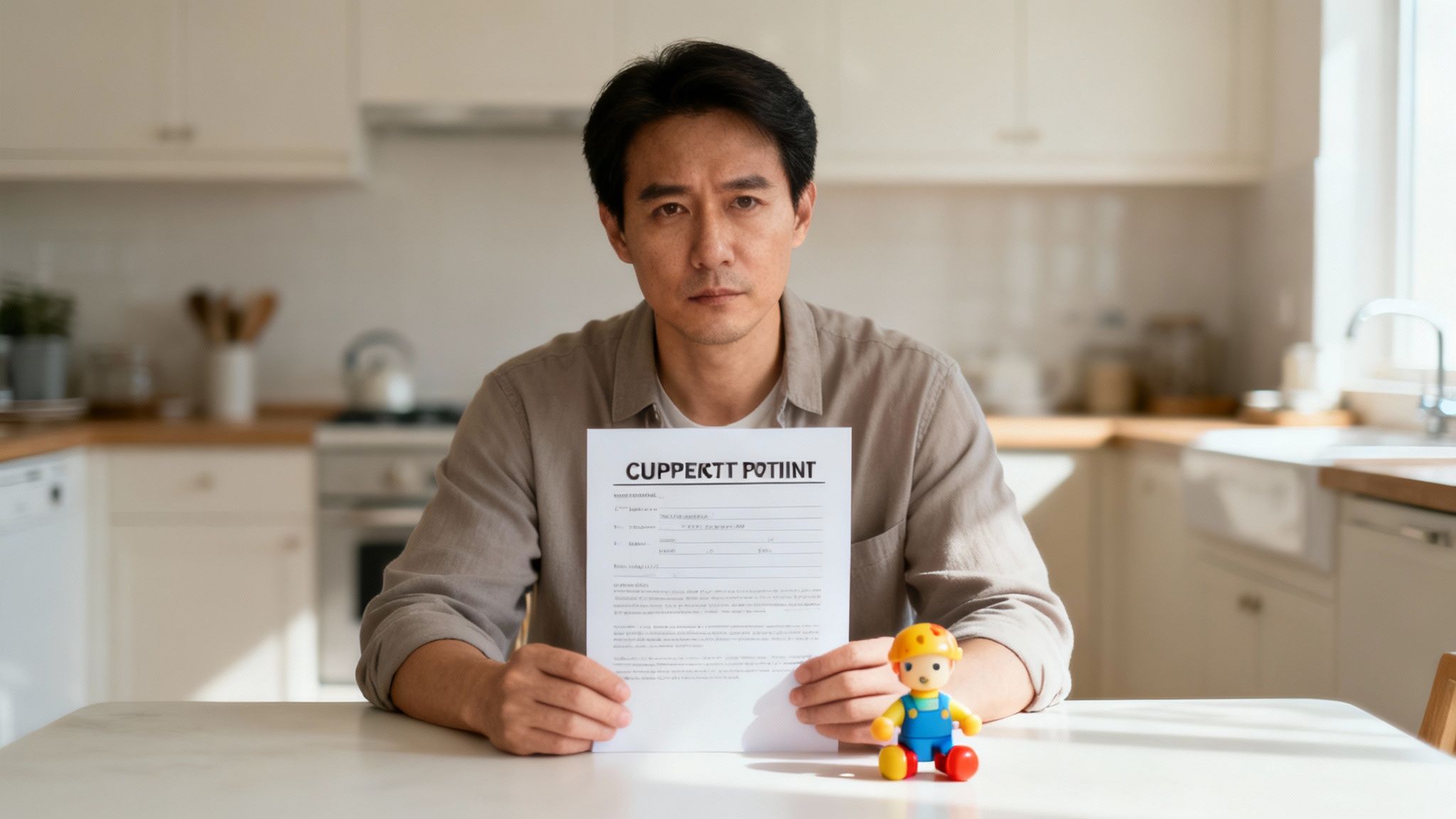 Man holding custody-related legal document in kitchen, with toy figure representing child support and parental responsibilities.