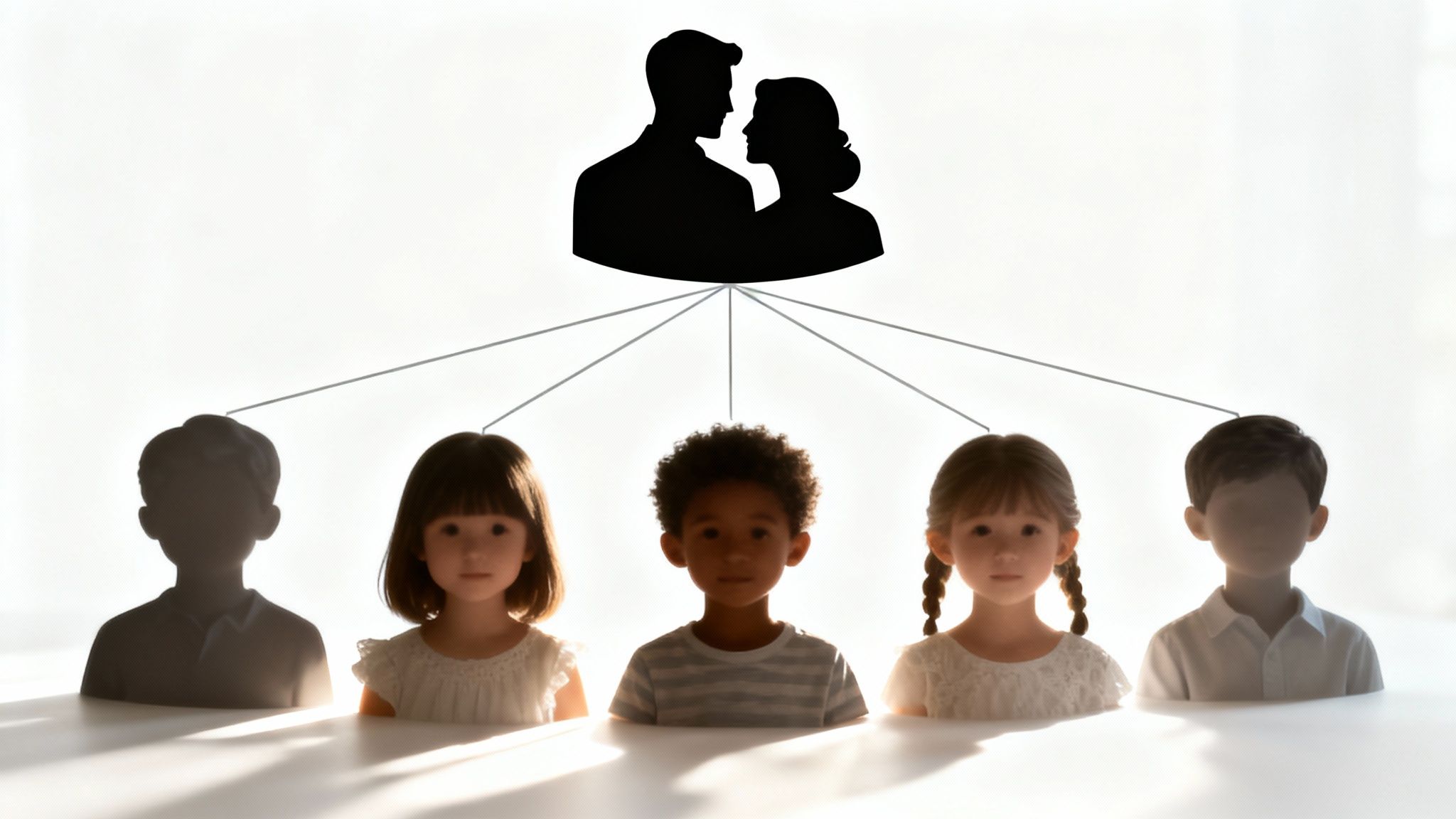 Silhouettes of a couple above four children representing family connections and inheritance in probate law context.