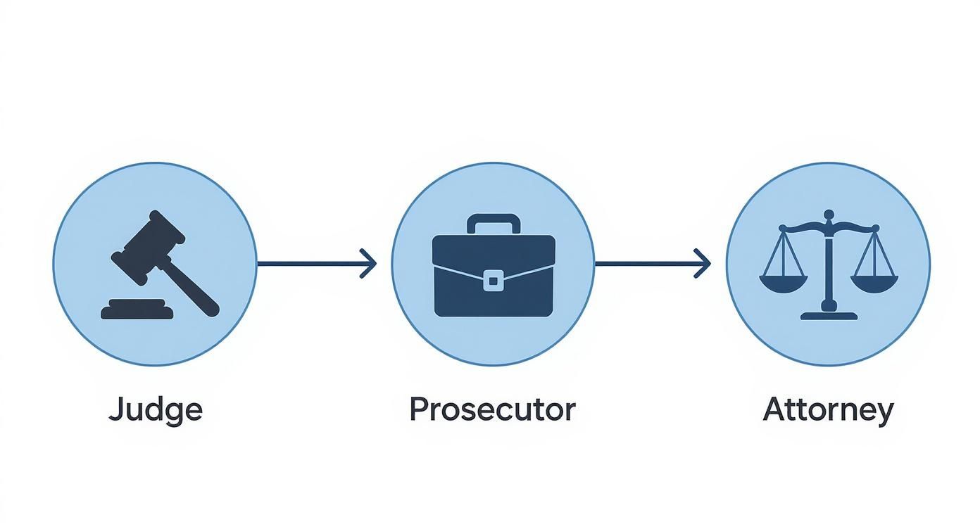 Infographic illustrating key players in the arraignment process: Judge with gavel, Prosecutor with briefcase, and Attorney with scales of justice, emphasizing the importance of legal representation in criminal defense.