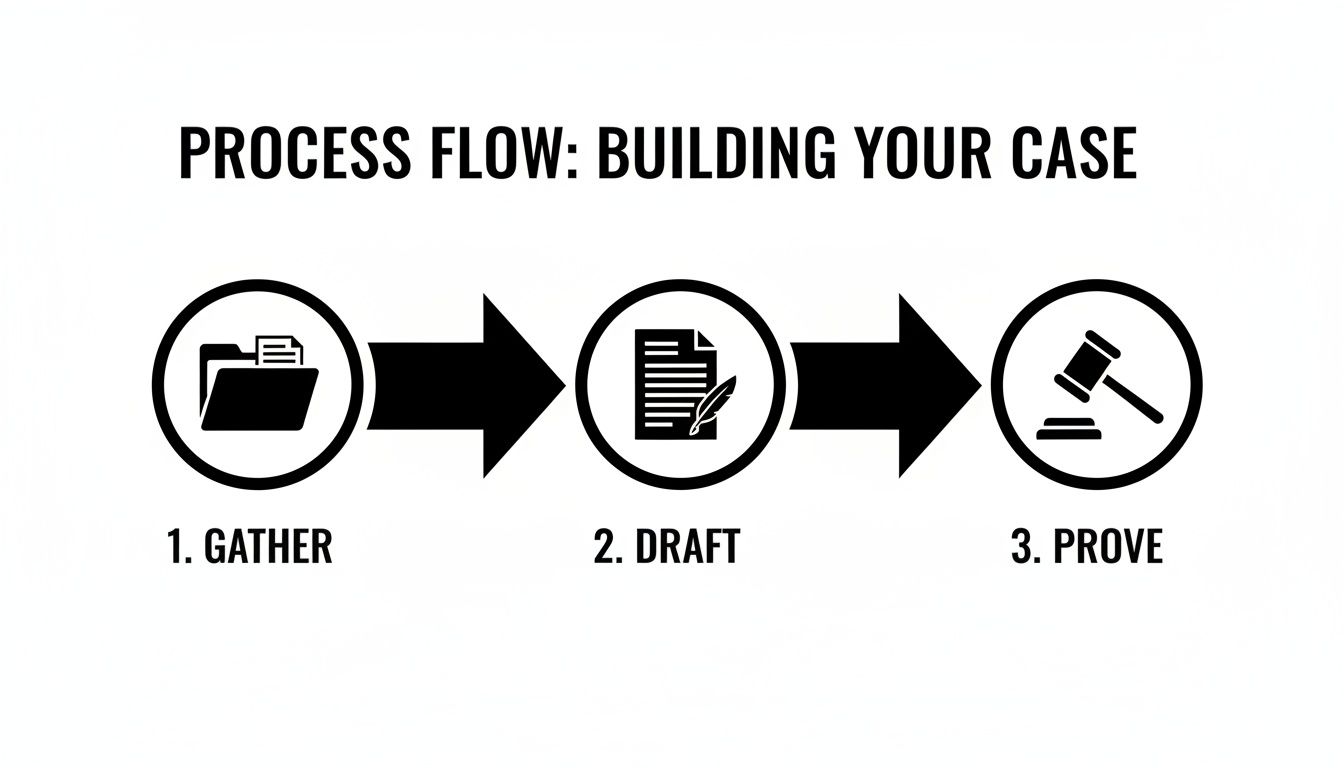 A three-step process flow for building a legal case: gather, draft, and prove.