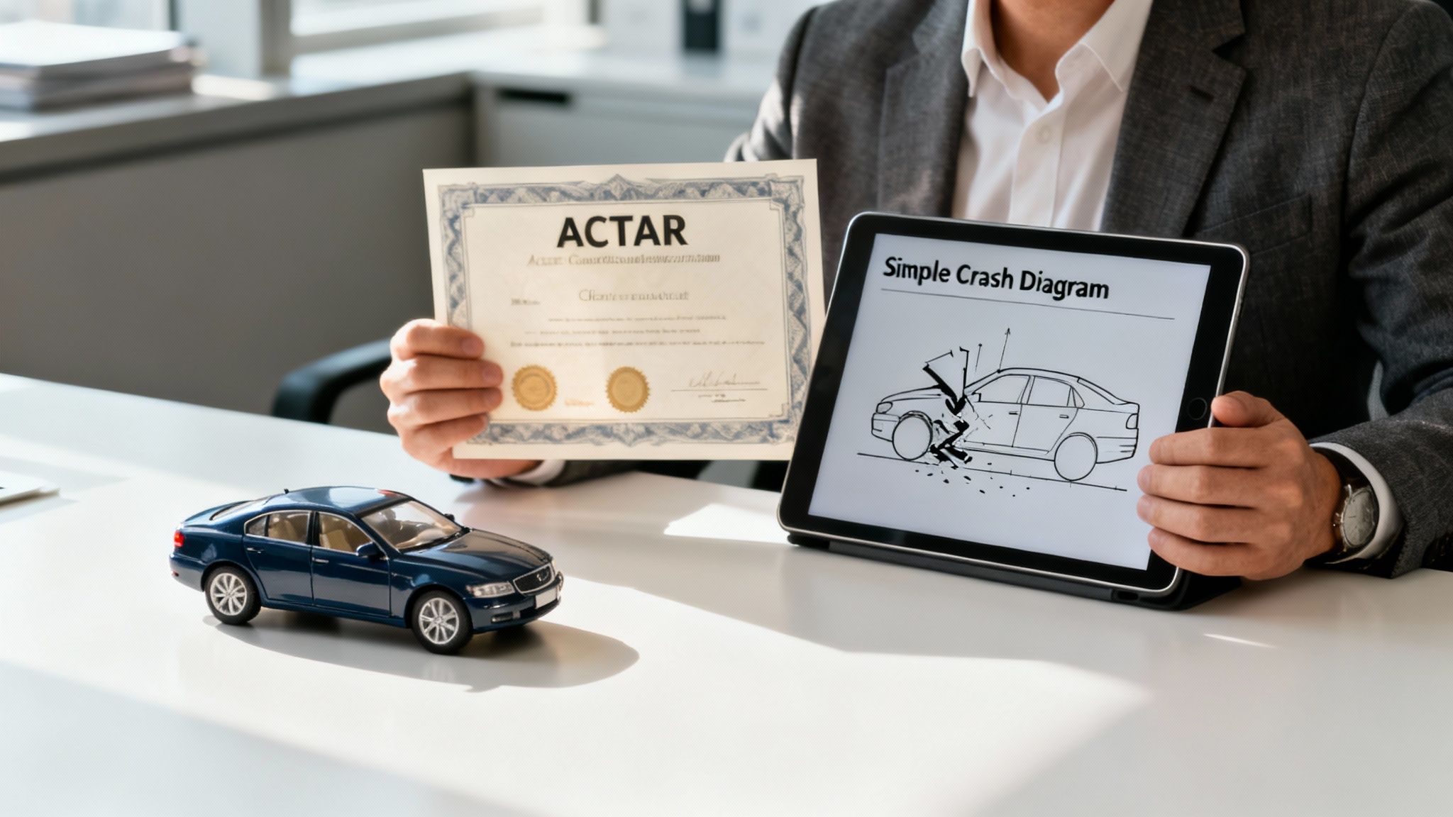 A man holds an ACTAR certificate and a tablet with a car crash diagram, next to a toy car.