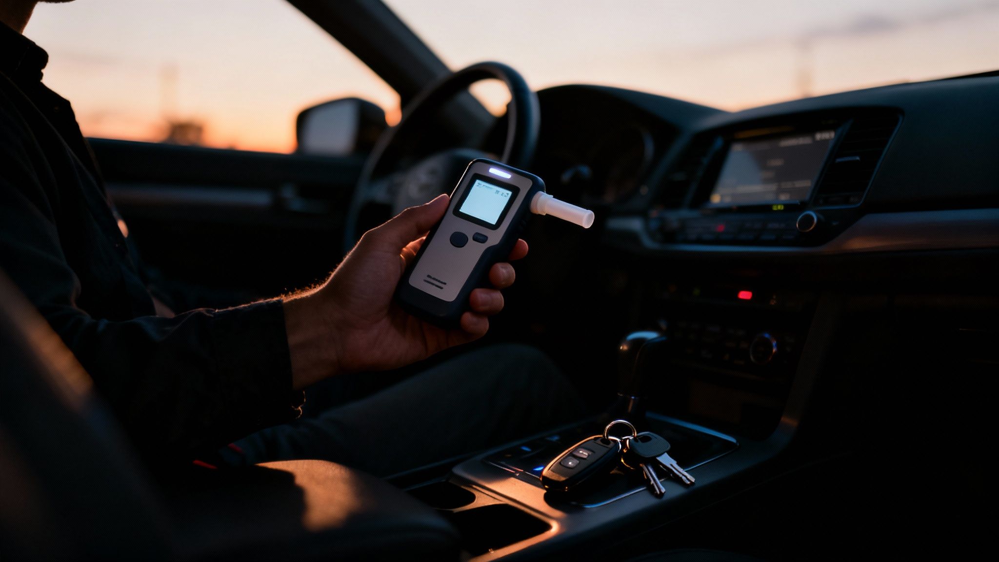 Man holding a breathalyzer in a car, illustrating DUI and DWI legal implications in Texas.