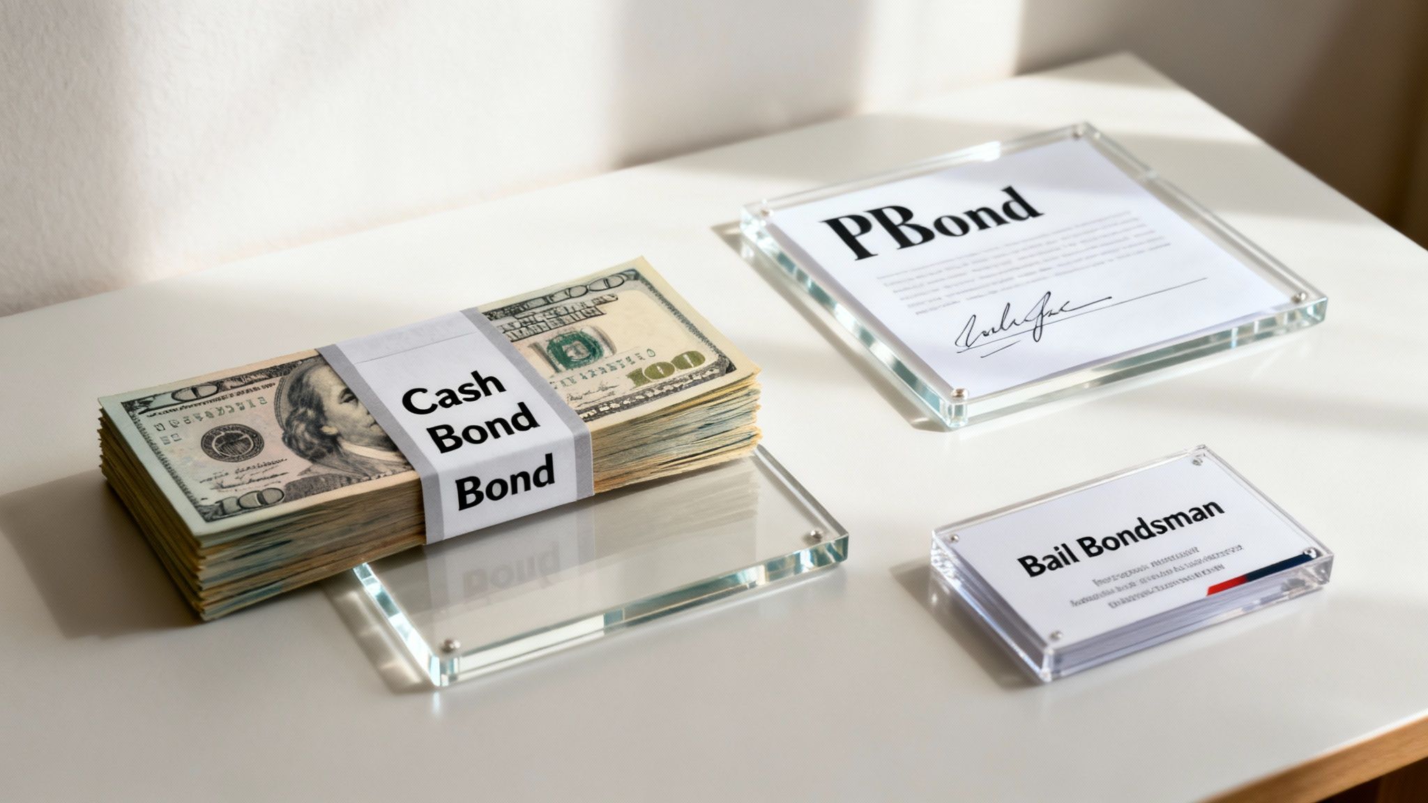 Cash bond stack labeled "Cash Bond" alongside documents for "P Bond" and "Bail Bondsman," representing financial options for securing release during bond hearings.