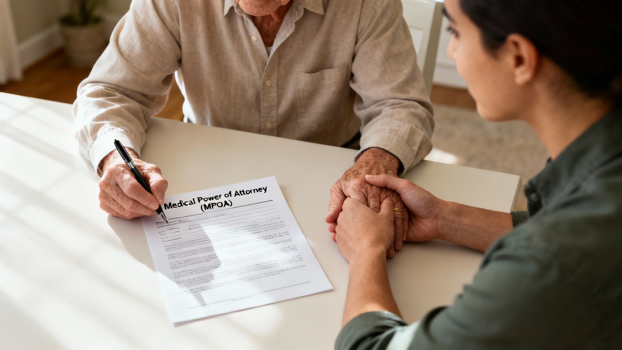 Elderly man signing Medical Power of Attorney (MPOA) document while younger woman holds his hand, symbolizing trust and healthcare advocacy in estate planning.