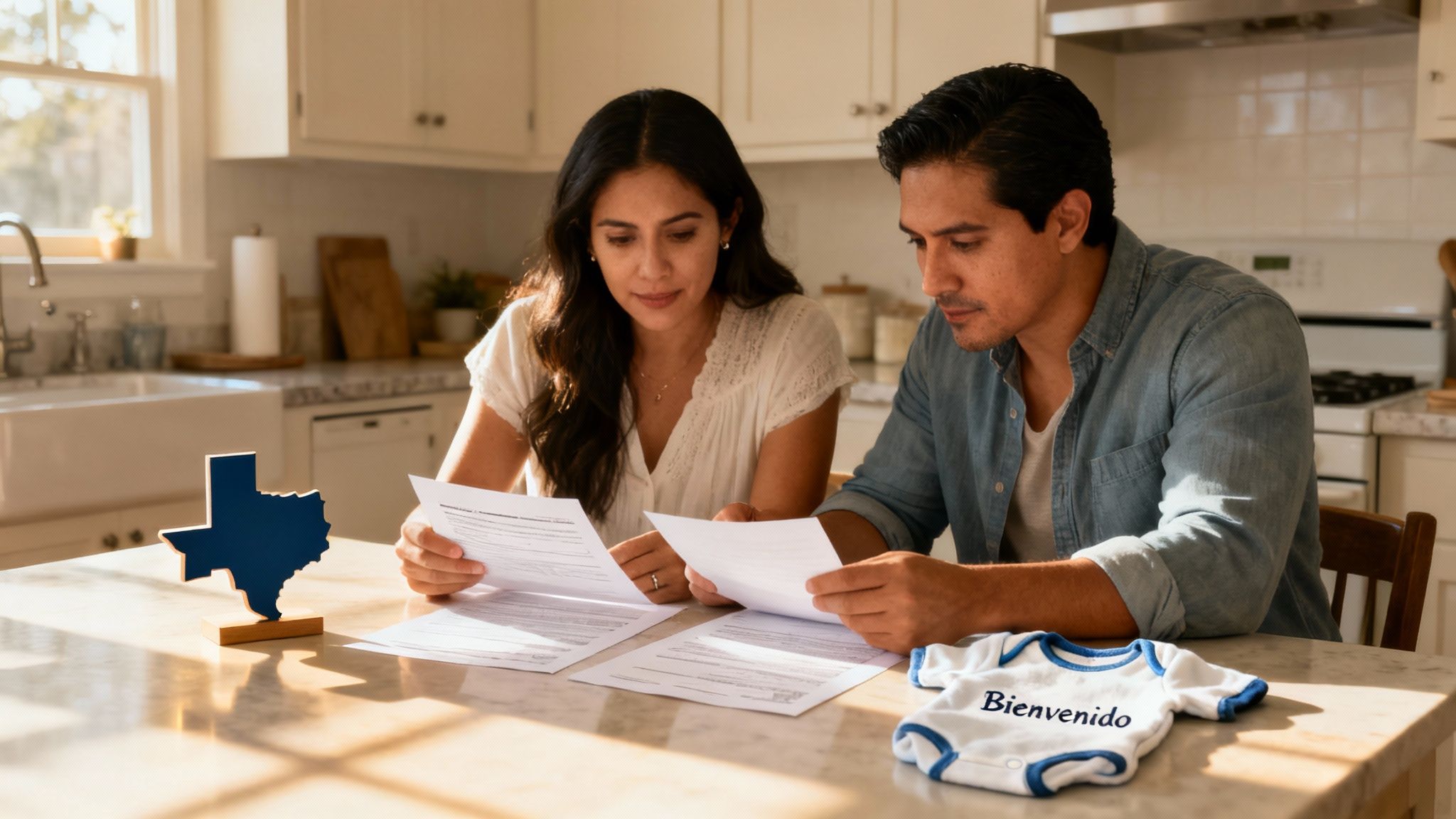 Pareja hispana revisando documentos importantes en la cocina, con un adorno de Texas y un mameluco de bebé.