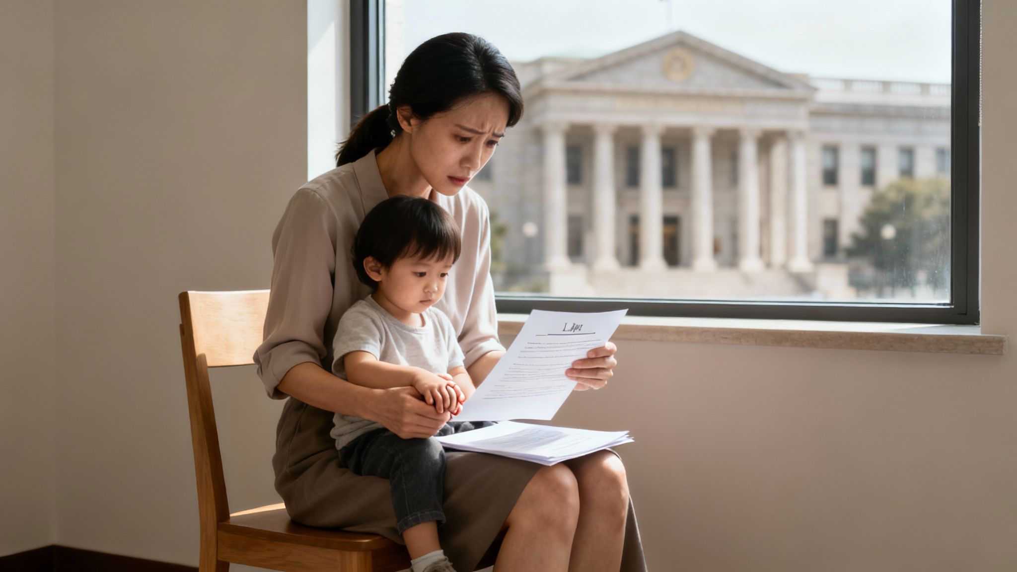 Una madre abraza a su hijo, simbolizando el vínculo familiar que se protege legalmente.