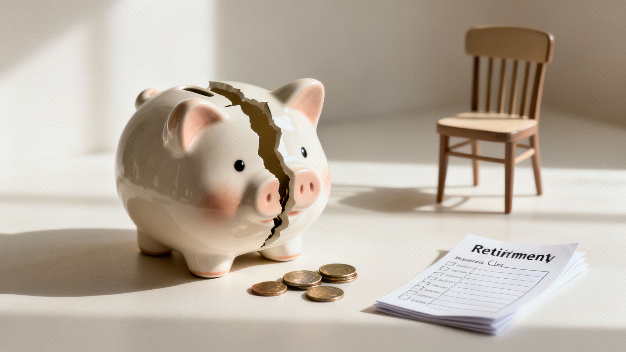 A broken piggy bank with coins, a retirement checklist, and a miniature chair on a table.