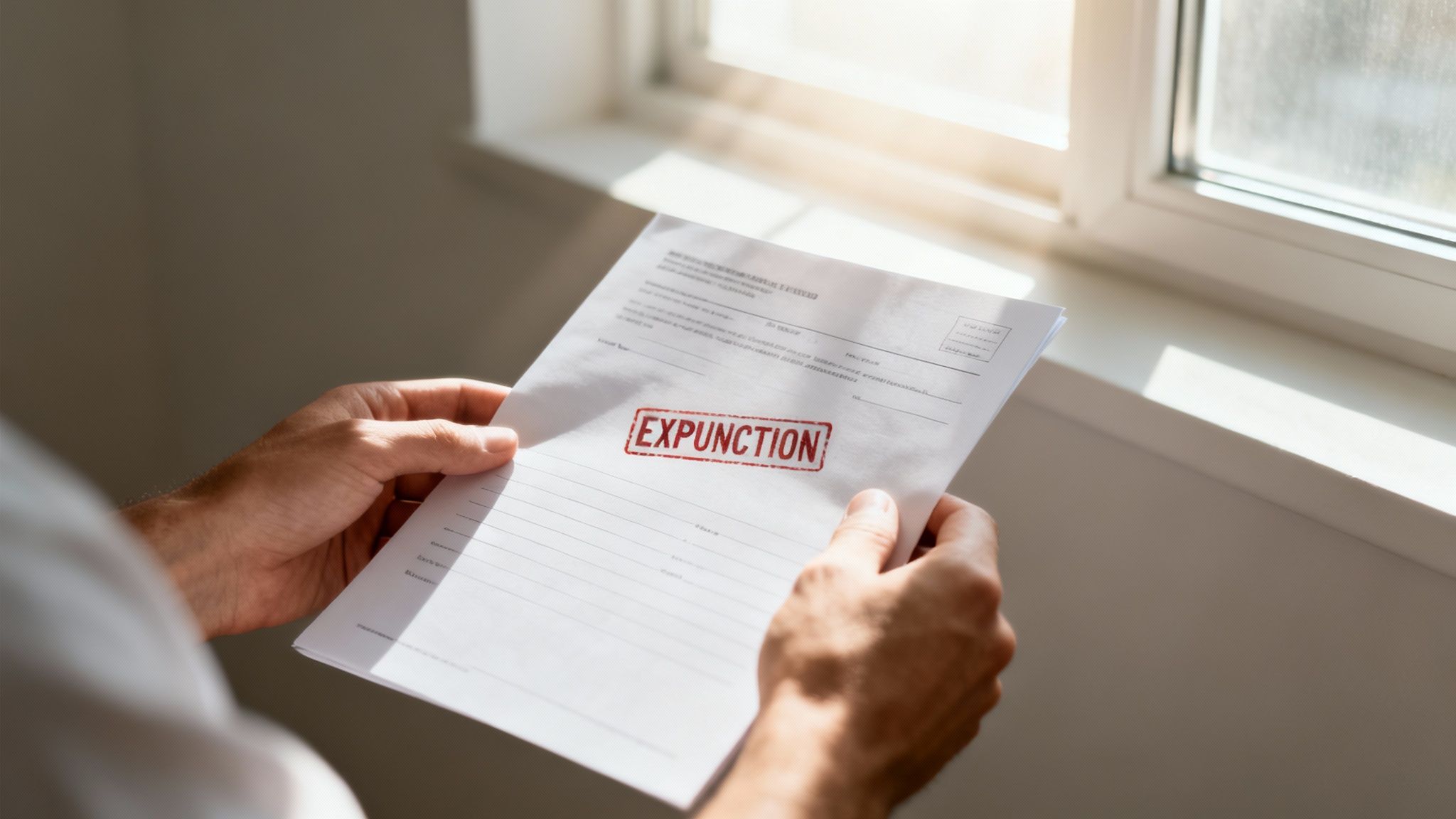 Close-up of hands holding a legal document with a red 'EXPUNCTION' stamp, near a window.