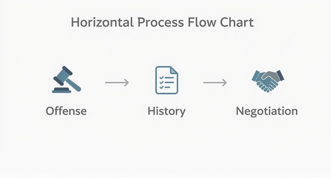 Horizontal process flow chart illustrating steps for deferred adjudication: offense, history, and negotiation.