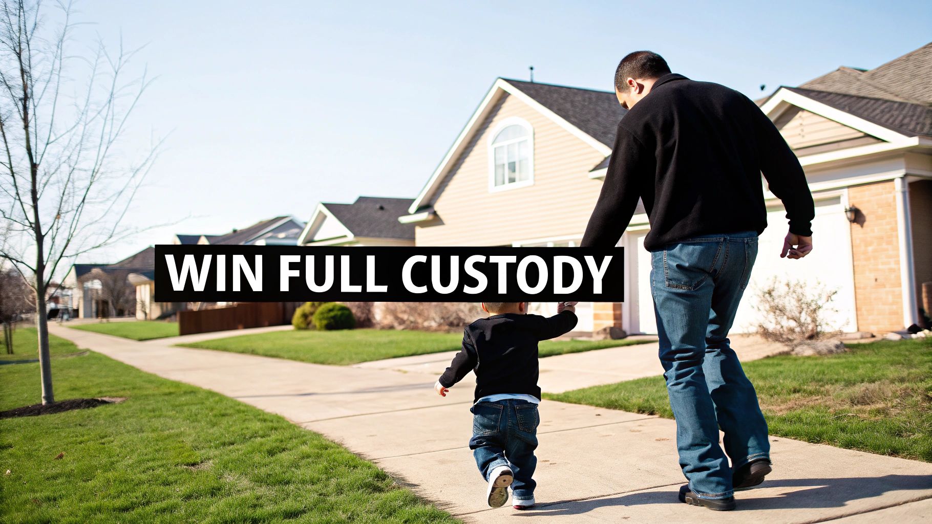 A father walks with his young son on a sidewalk in a suburban neighborhood, with 'WIN FULL CUSTODY' text.