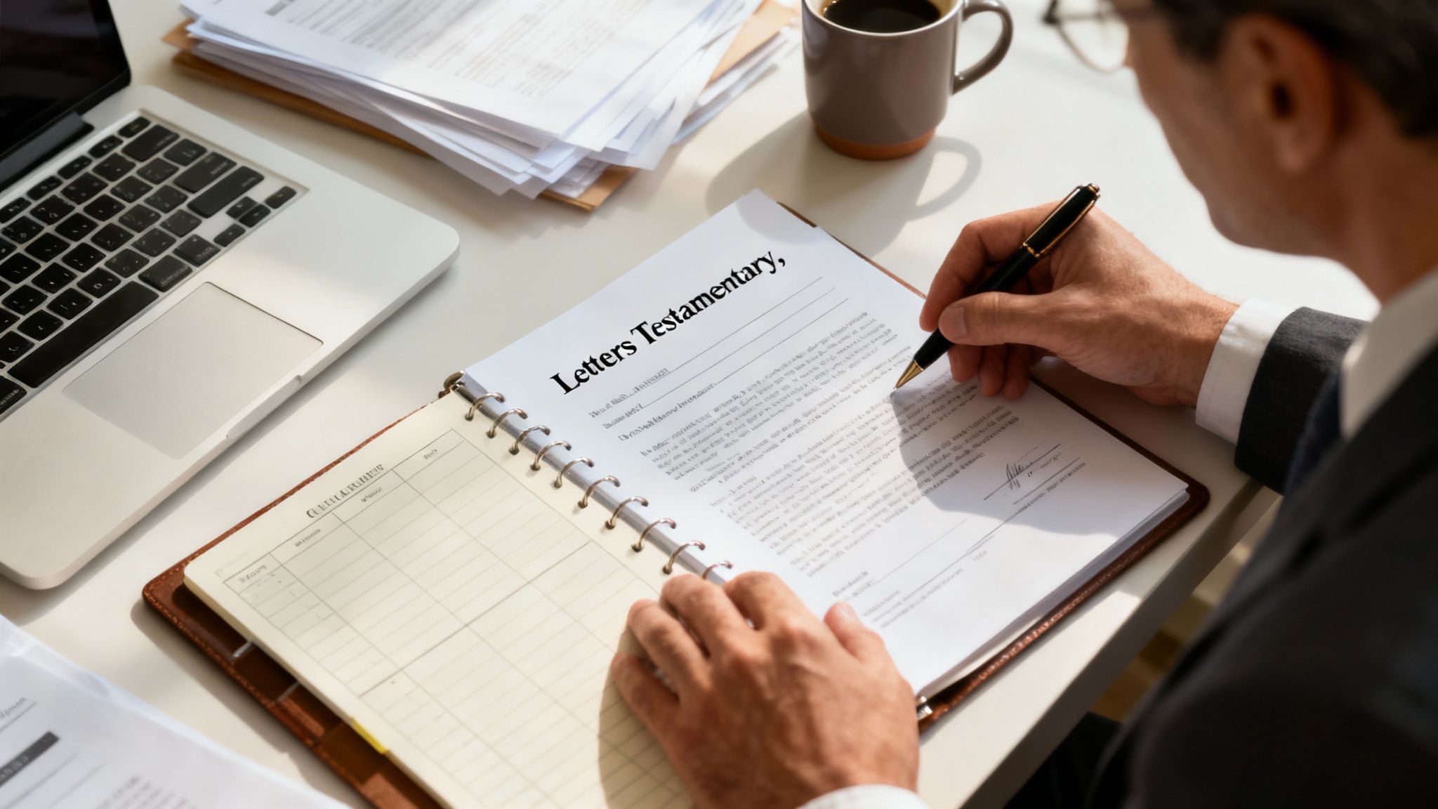 A person sitting at a desk, carefully organizing documents, symbolizing the executor's role in managing an estate.