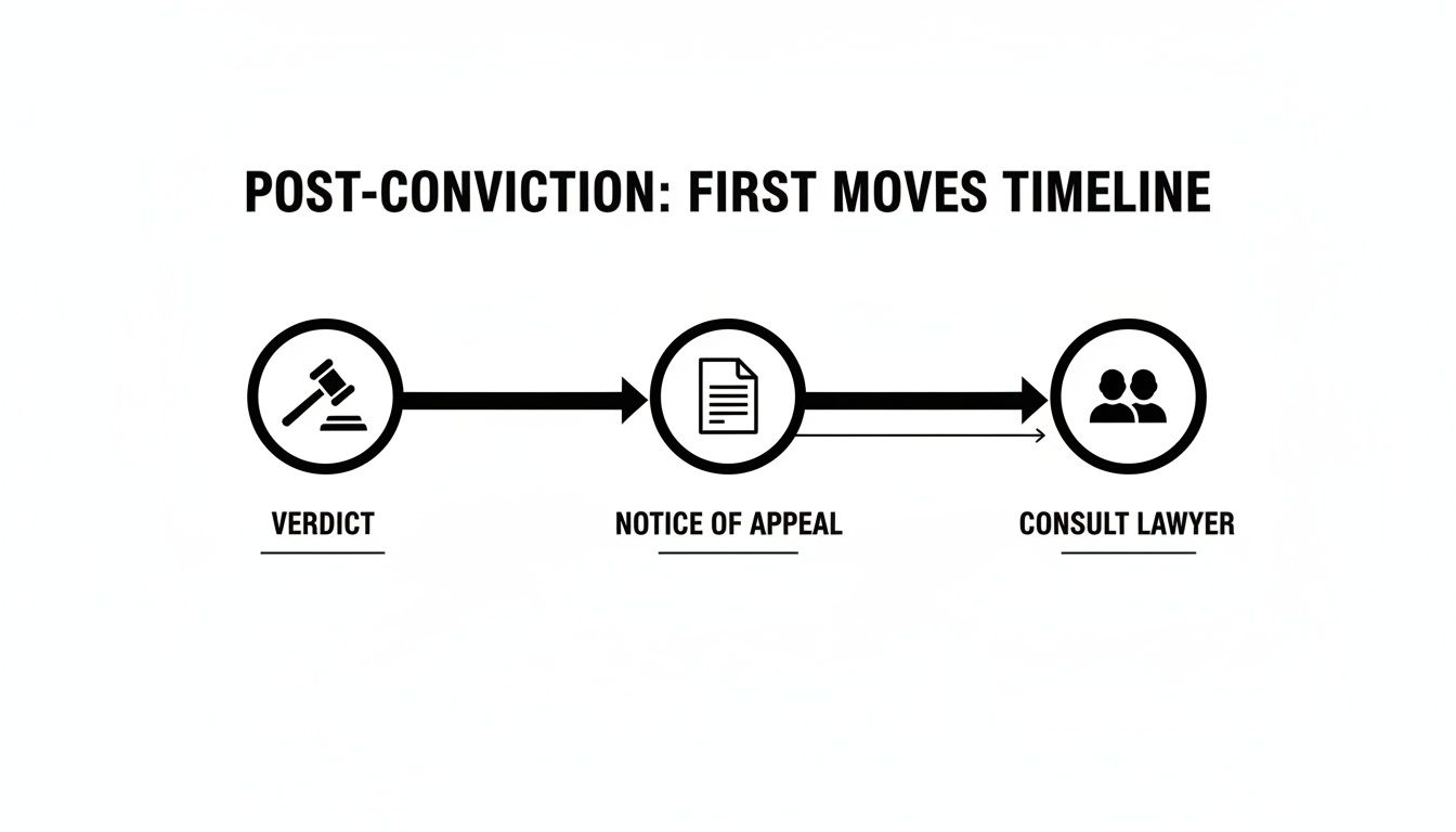 Timeline illustrating the initial steps after a criminal conviction: Verdict, Notice of Appeal, and Consult Lawyer.