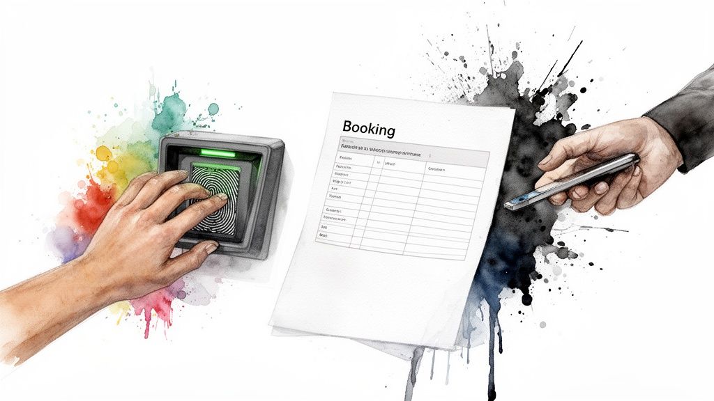 A watercolor illustration depicting a hand using a biometric fingerprint scanner, a booking document, and a hand holding a smartphone.