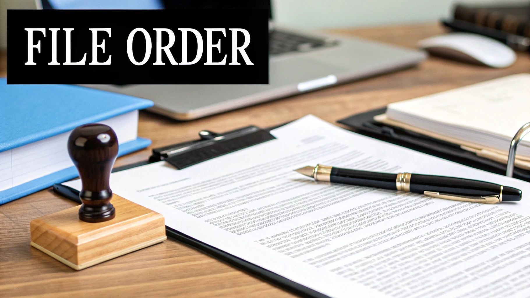 A person signing legal documents at a desk, representing the process of filing for an emergency custody order.
