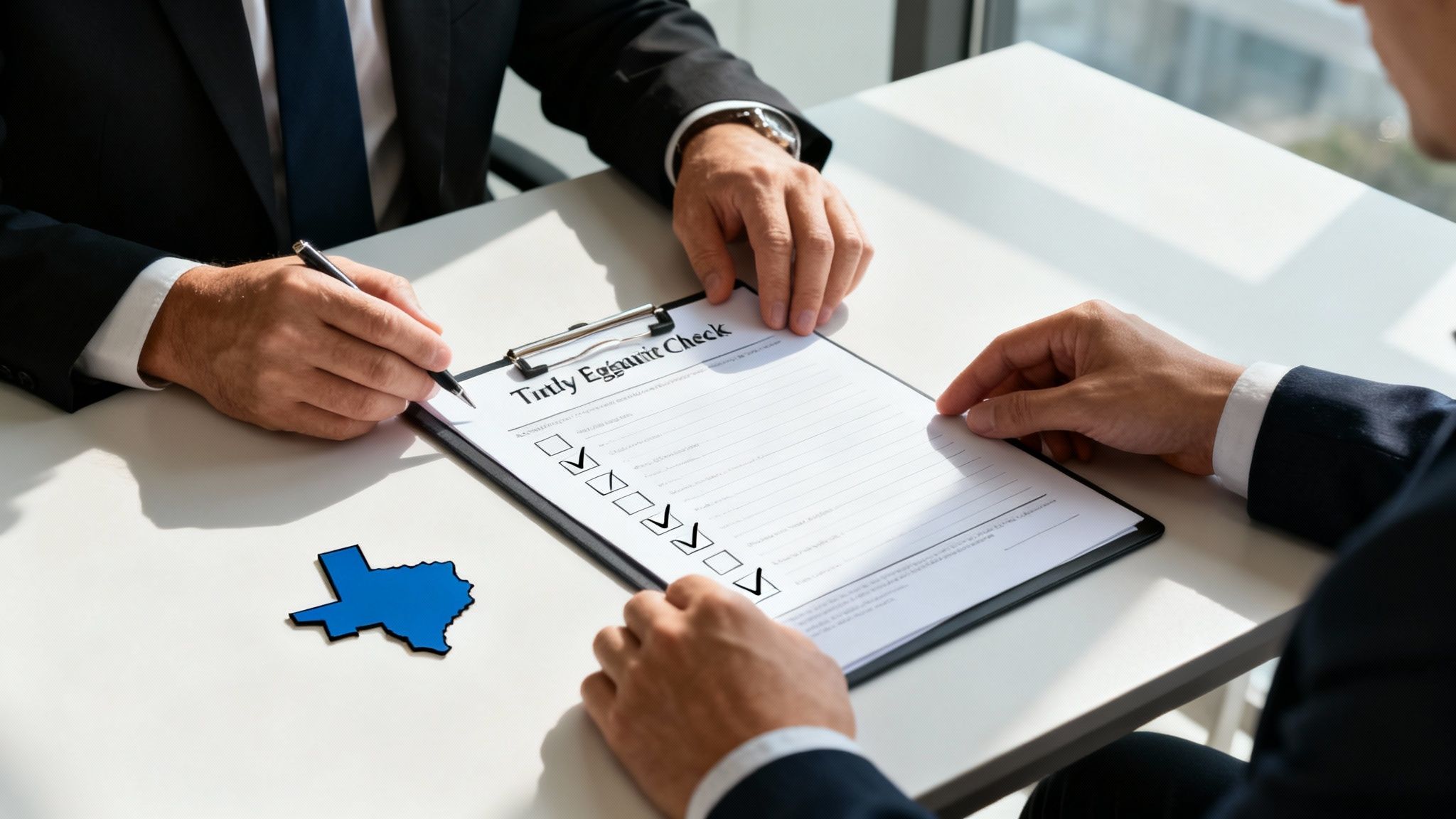 Two businessmen review a checklist titled 'Timely Executive Check' with a blue Texas map.