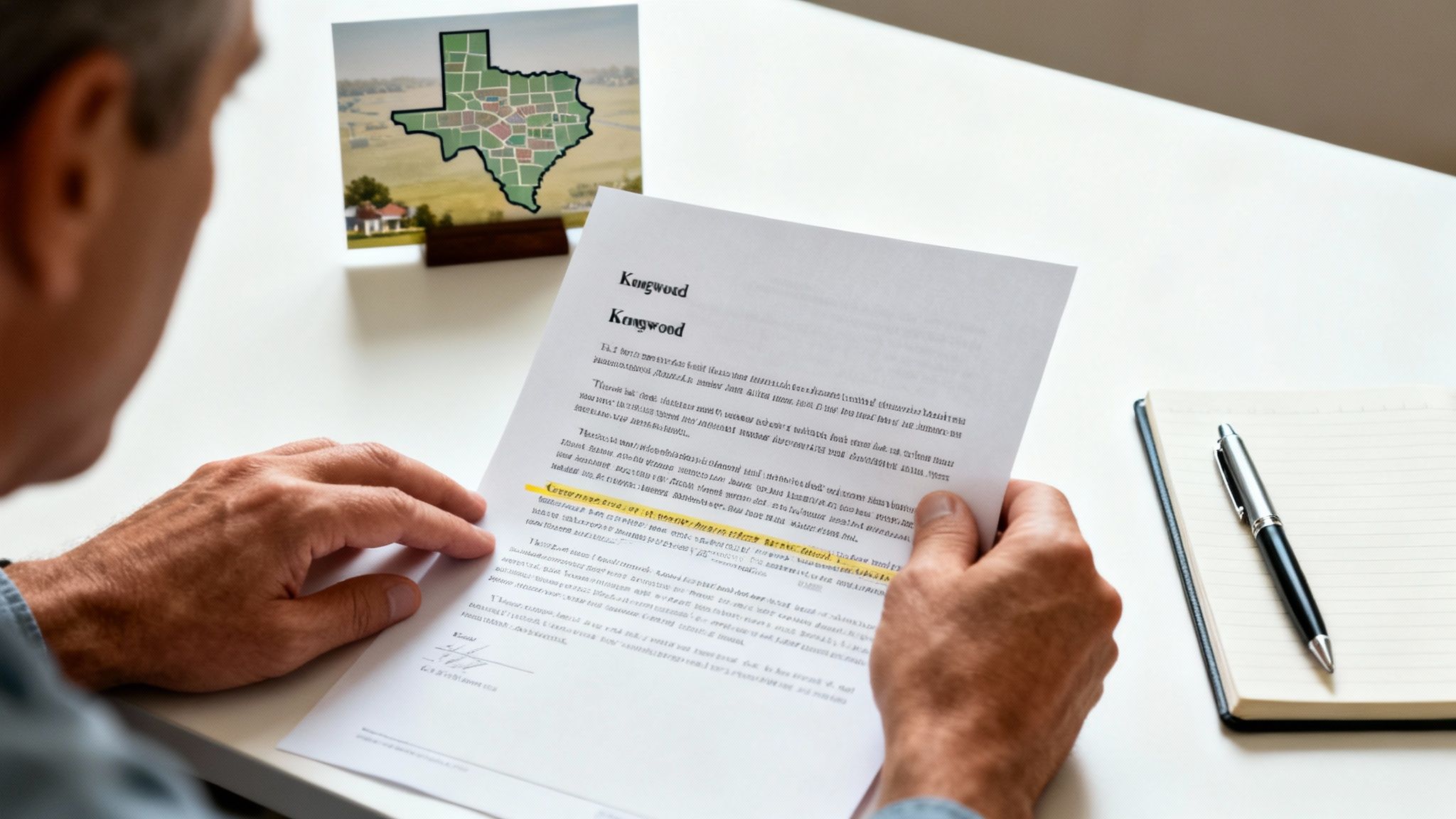 Man reviews a document related to Kingwood, Texas, with a map and notepad on a white desk.
