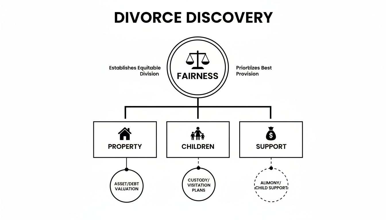 Flowchart illustrating the divorce discovery process, focusing on fairness, property, children, and support aspects.