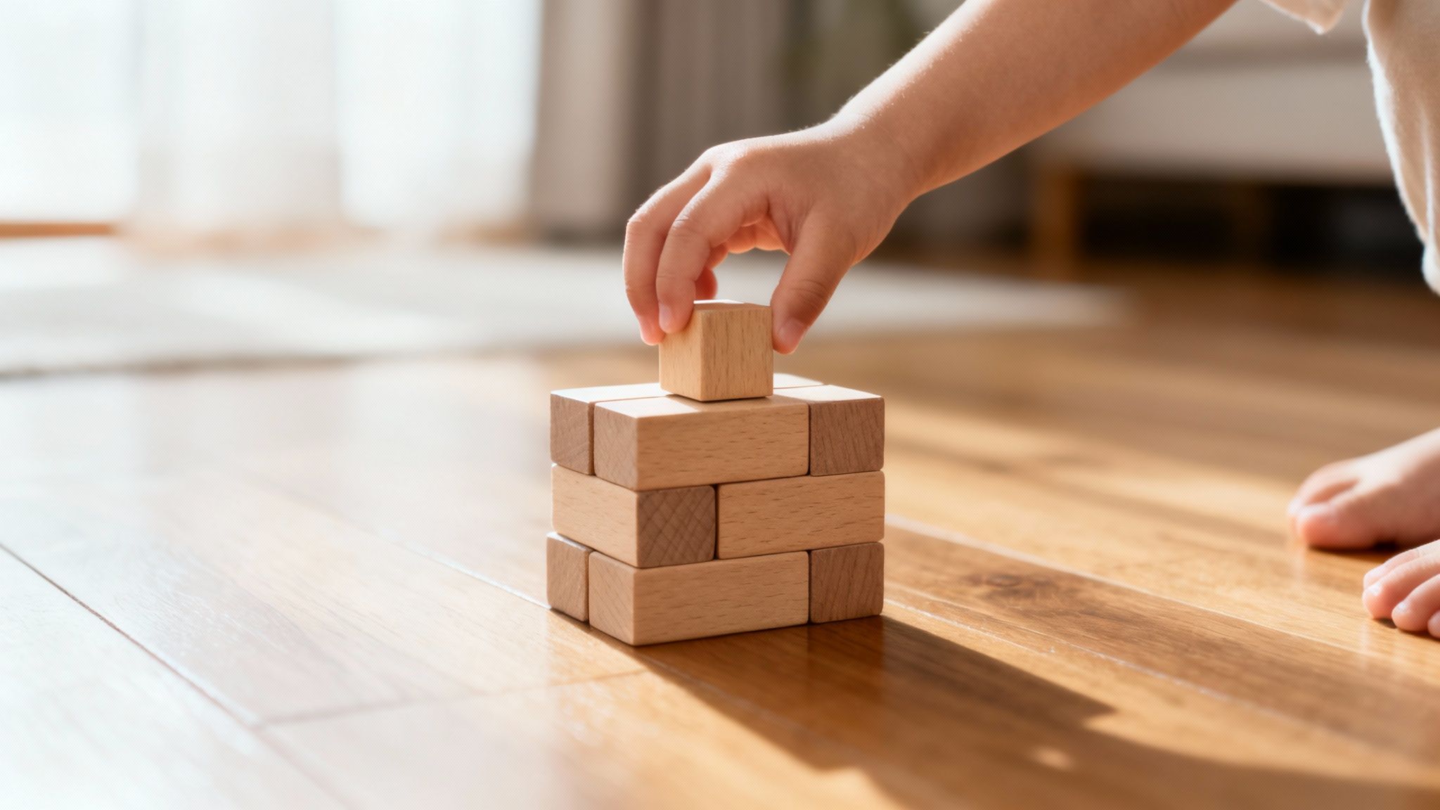 A child's hand stacks wooden blocks on a wooden floor, learning and playing indoors.