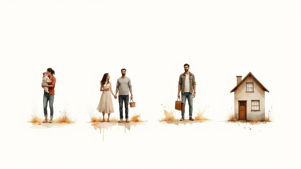 Family milestones and responsibilities illustrated with parents holding a baby, a couple, and a man by a house, symbolizing the importance of wills in estate planning for families in Humble, Texas.