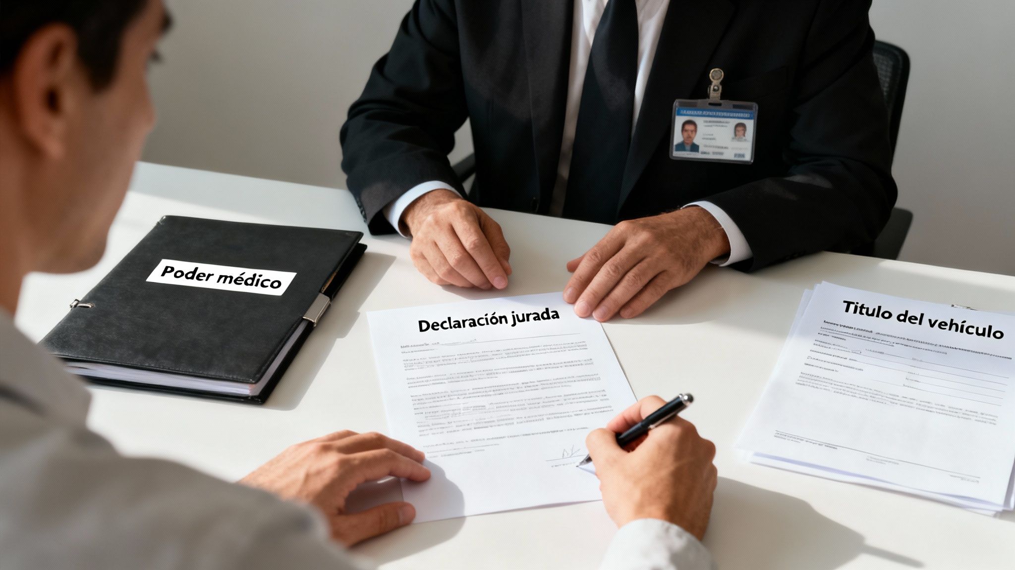 Hombre firmando documentos legales como una declaración jurada, poder médico y título de vehículo con un notario público.